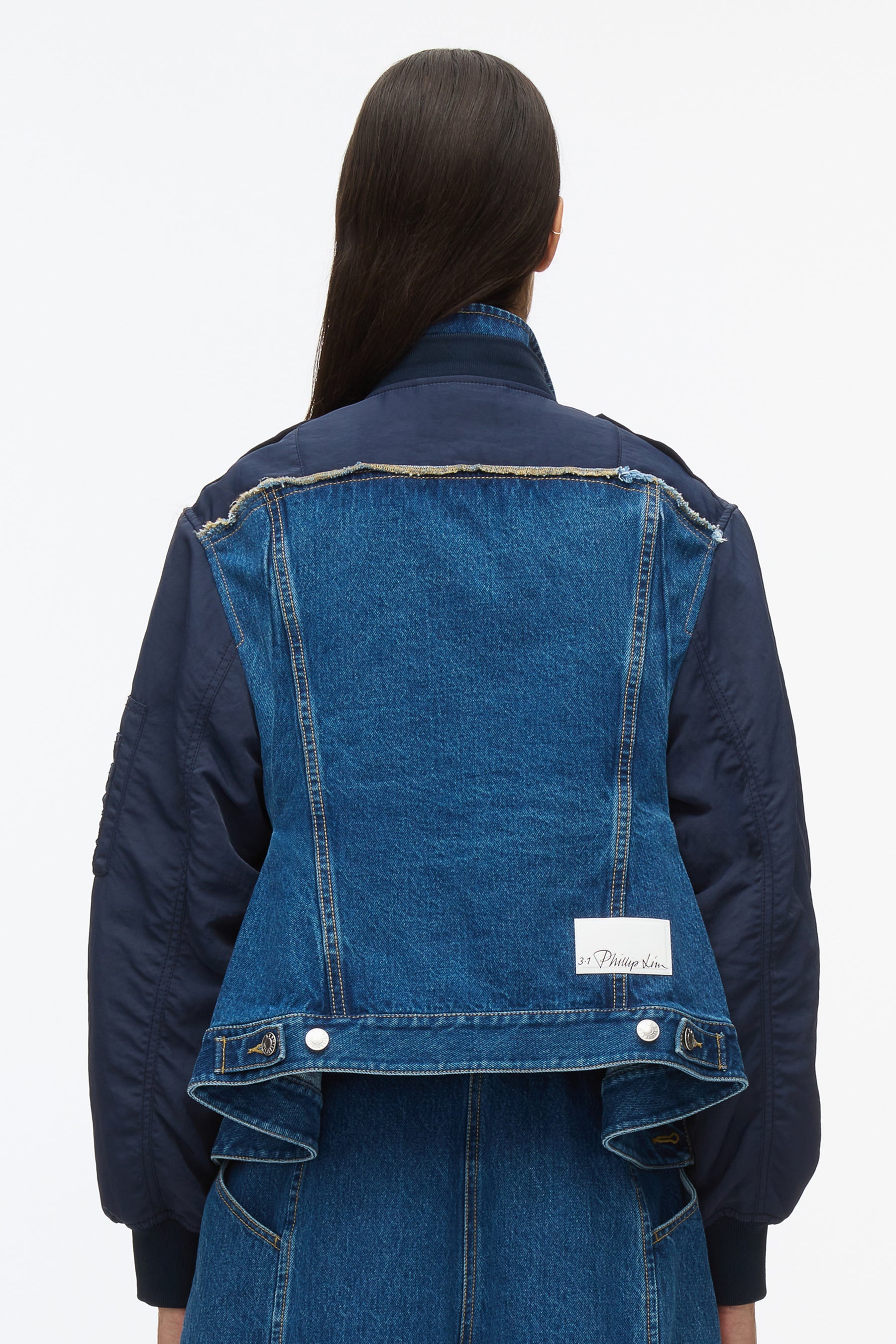 Hybrid Denim Flight Jacket With Flounce Hem - 5