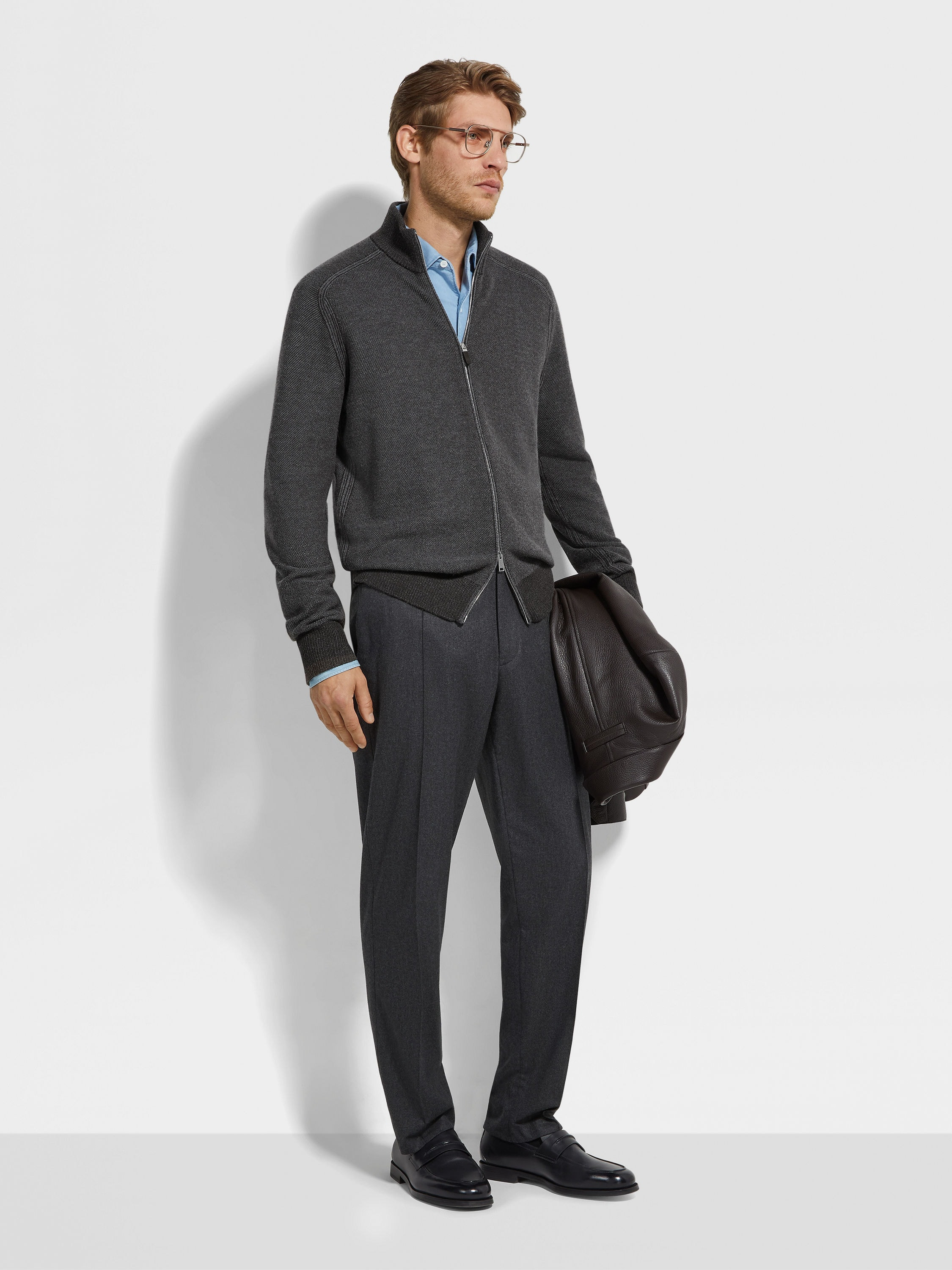 GREY AND DARK BROWN CASHSETA FULL ZIP CARDIGAN - 3
