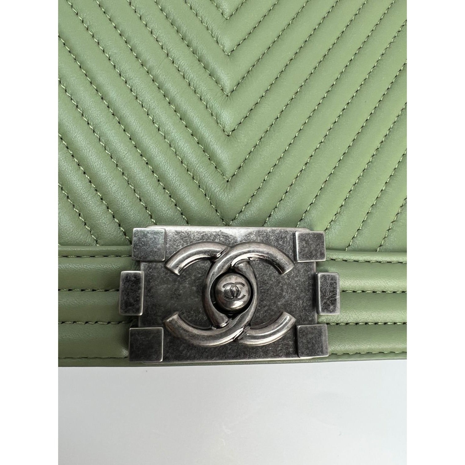 Chanel Calfskin Chevron Quilted Medium Boy Flap Light Green Bag - 11