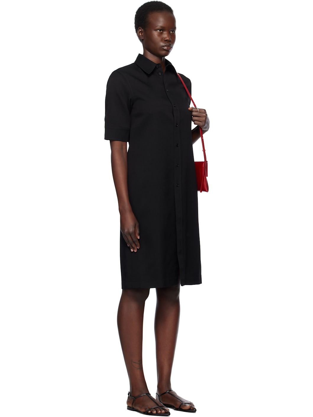 Black Lightweight Wool Gabardine Midi Dress - 2