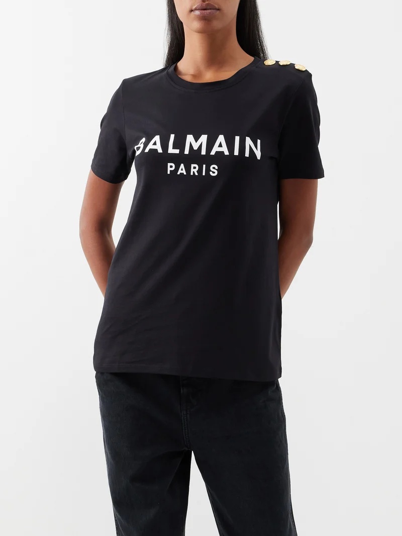 Balmain Button-shoulder logo-print cotton T-shirt