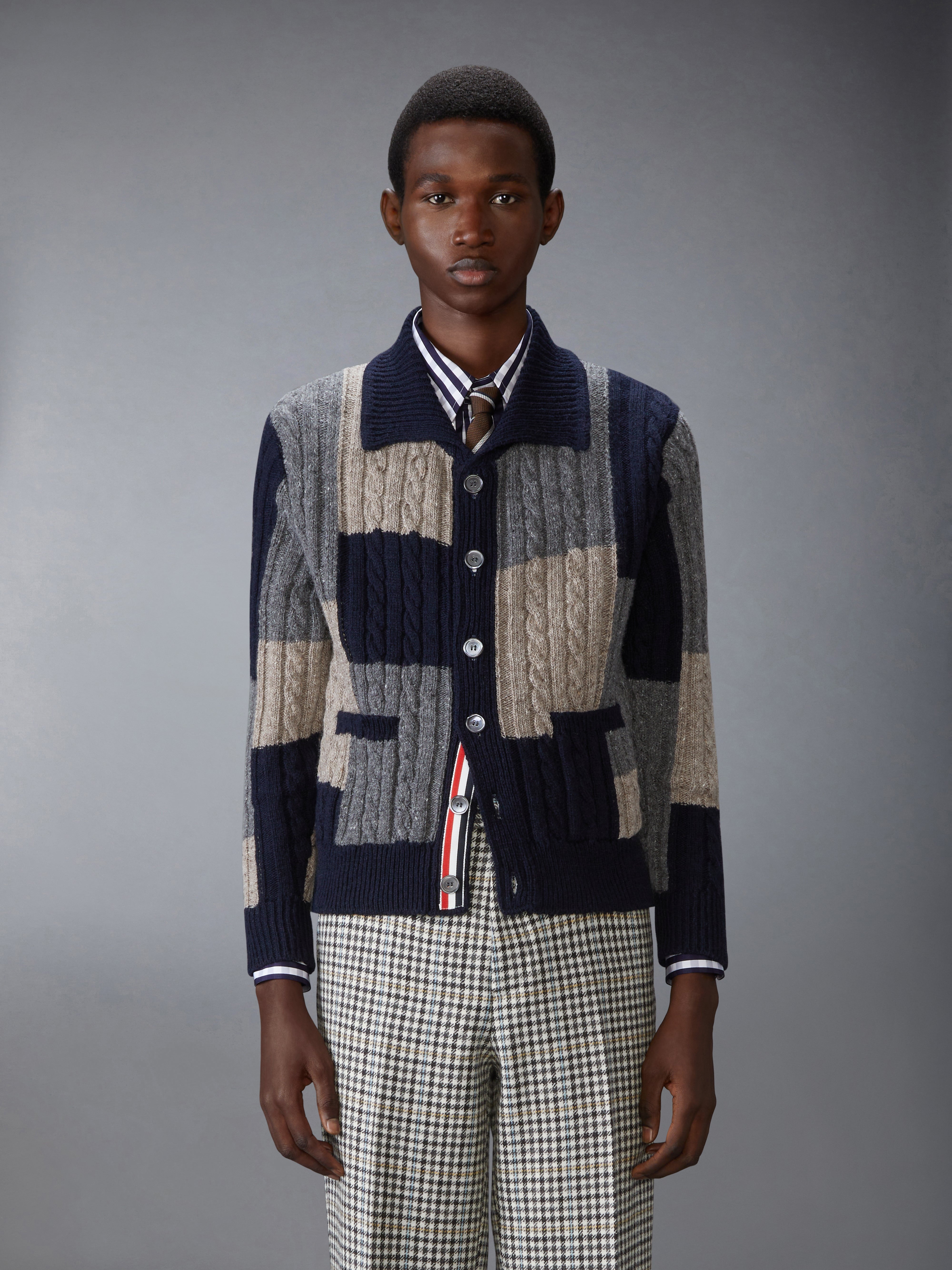 DONEGAL PATCHWORK INTARSIA MOCK NECK CARDIGAN - 2