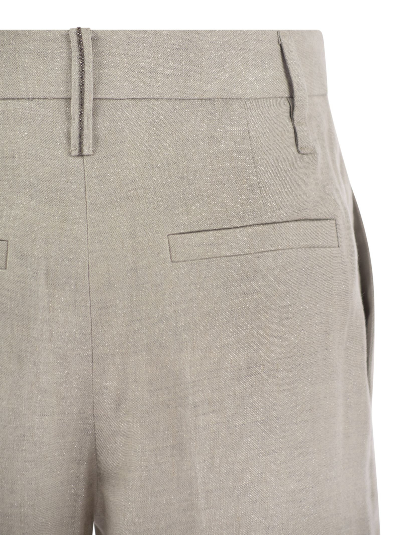 Brunello Cucinelli Women Flared Loose-Fitting Trousers In Sparkling Linen Twill With Necklace - 4
