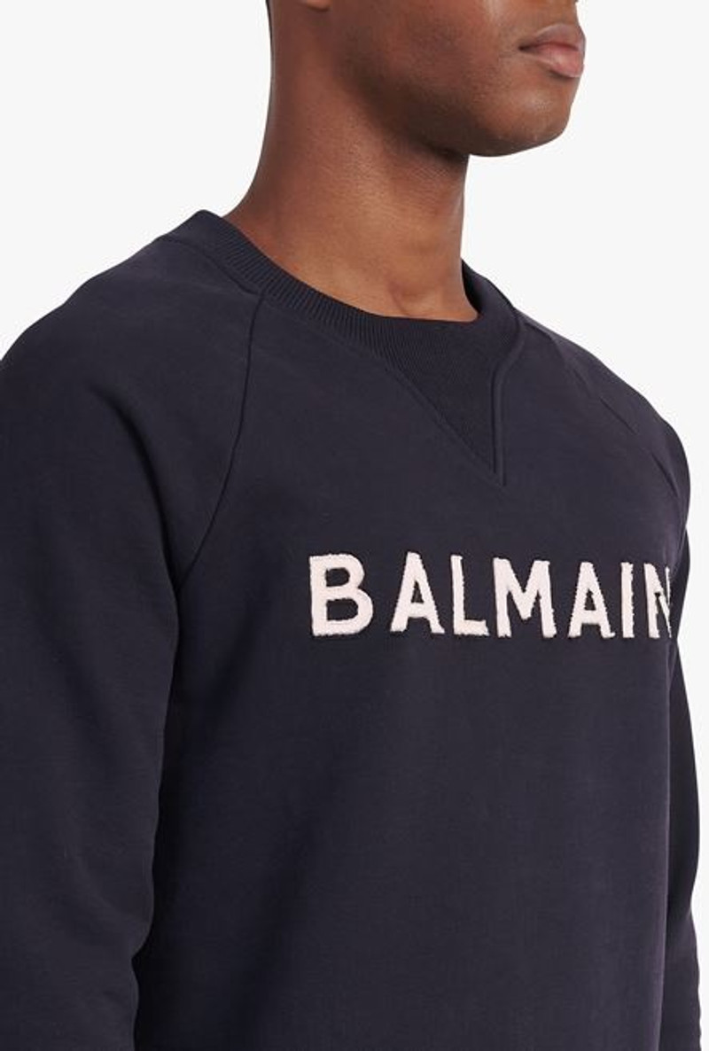 Dark navy blue eco-designed cotton sweatshirt with pale pink Balmain logo appliqué 8