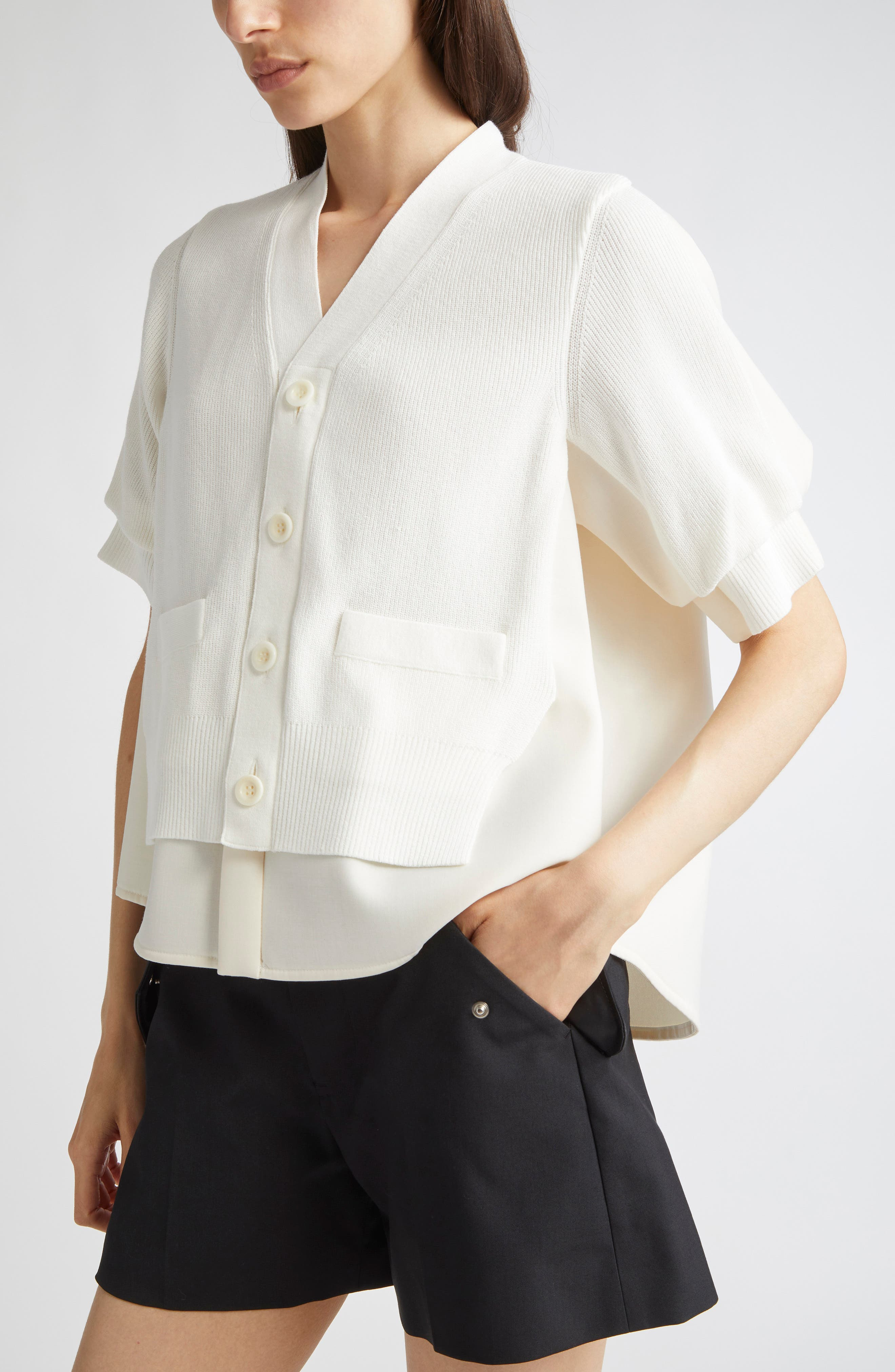 Sacai Suiting Mixed Media Cardigan in Off White at Nordstrom - 5