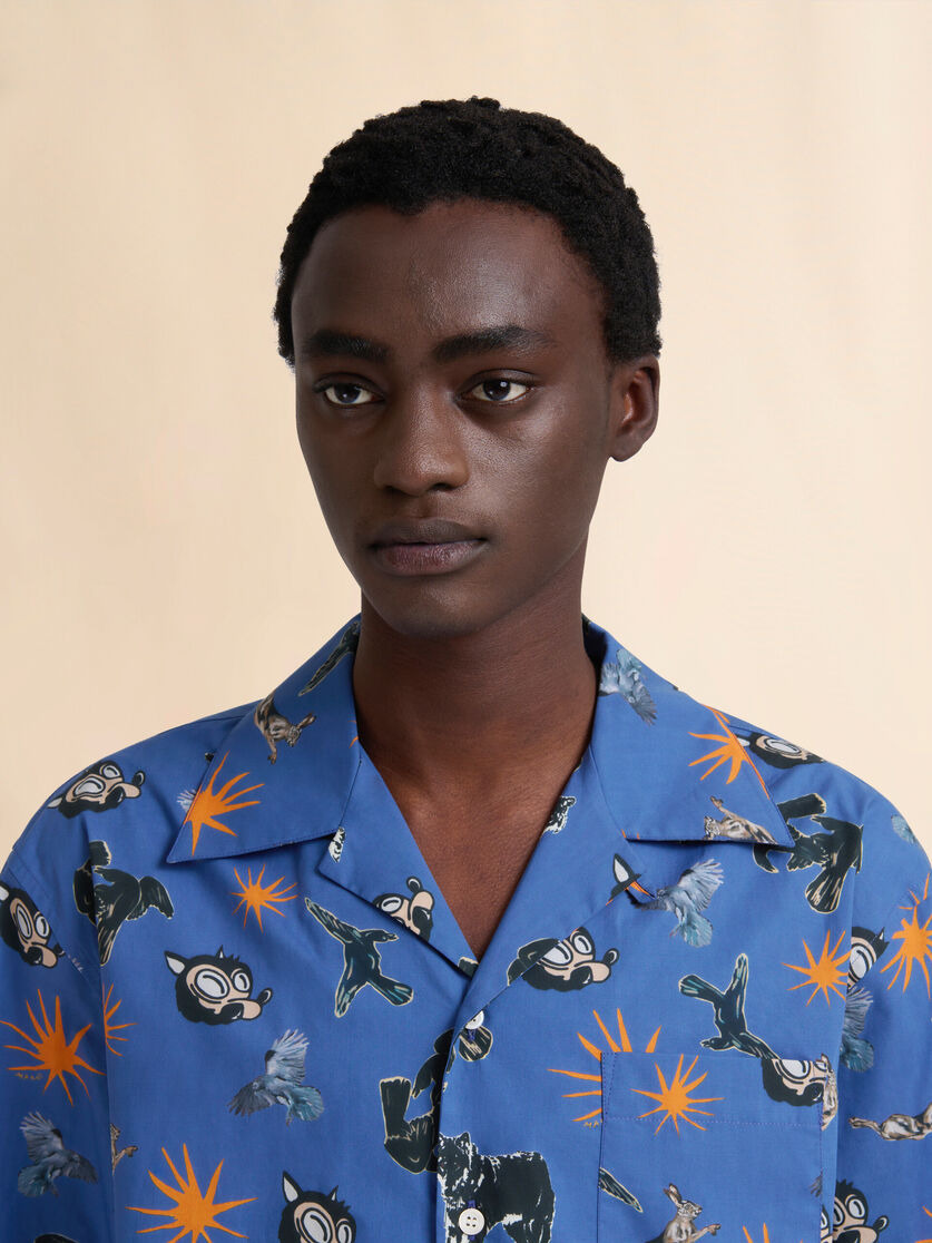 BLUE POPLIN BOWLING SHIRT WITH WOLVES, RAVENS AND DOVES PRINT - 4
