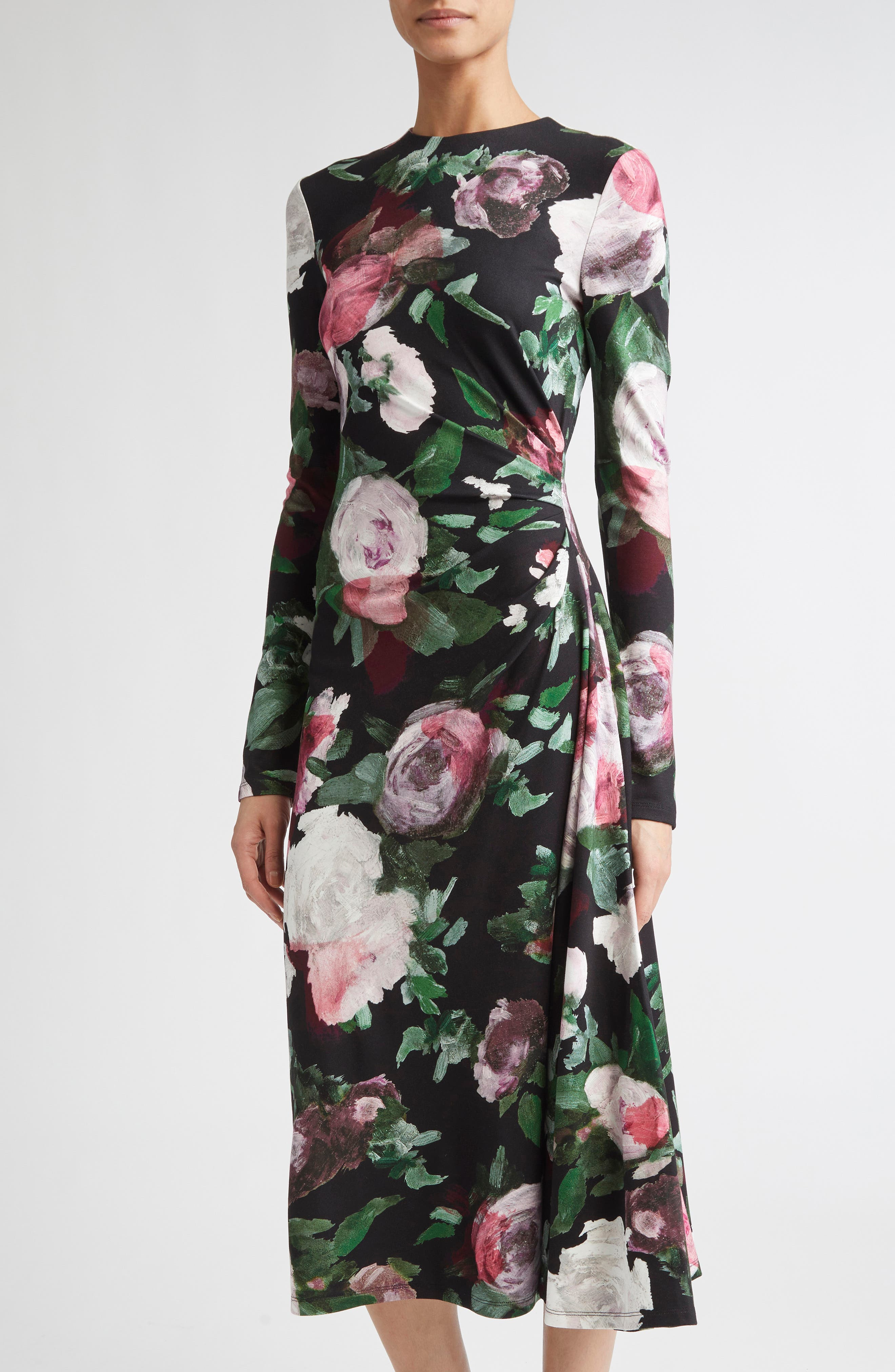 Erdem Painted Rose Draped Long Sleeve Jersey Midi Dress in Painted Rose Black at Nordstrom - 4