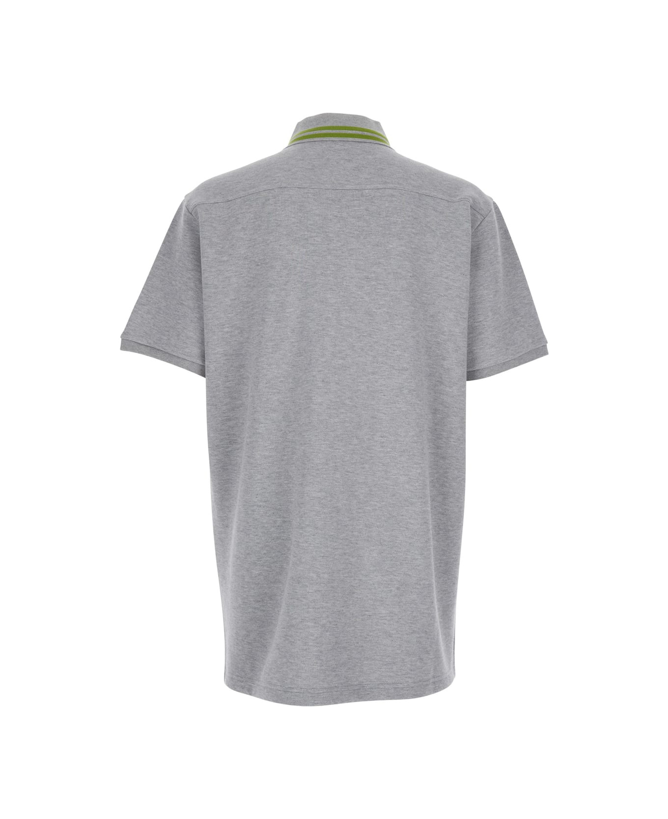 Grey Polo Shirt With Striped Collar And Tone-on-tone Embroidered Logo On The Front In Cotton Man - 2