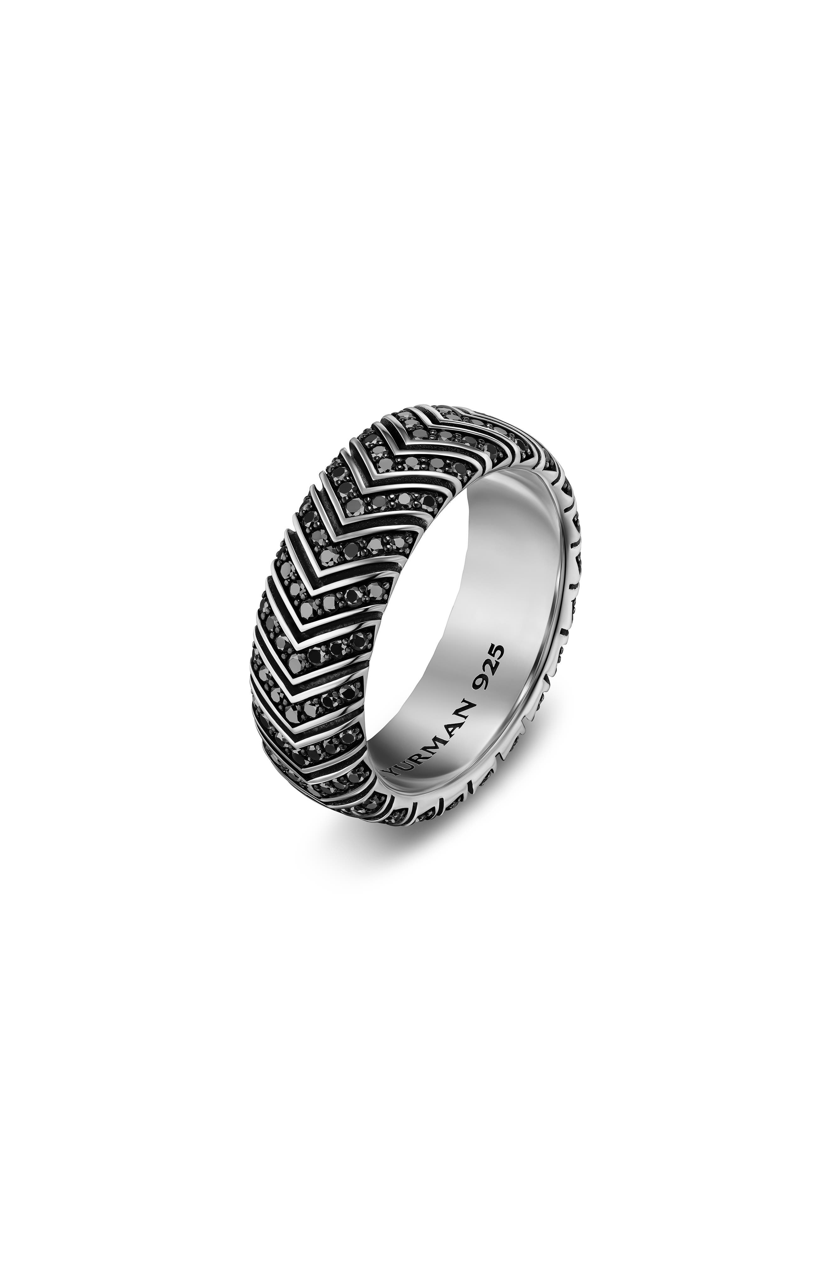 David Yurman Men's Chevron Band Ring in Sterling Silver with Black Diamonds, 8mm in Silver Pave at N - 4