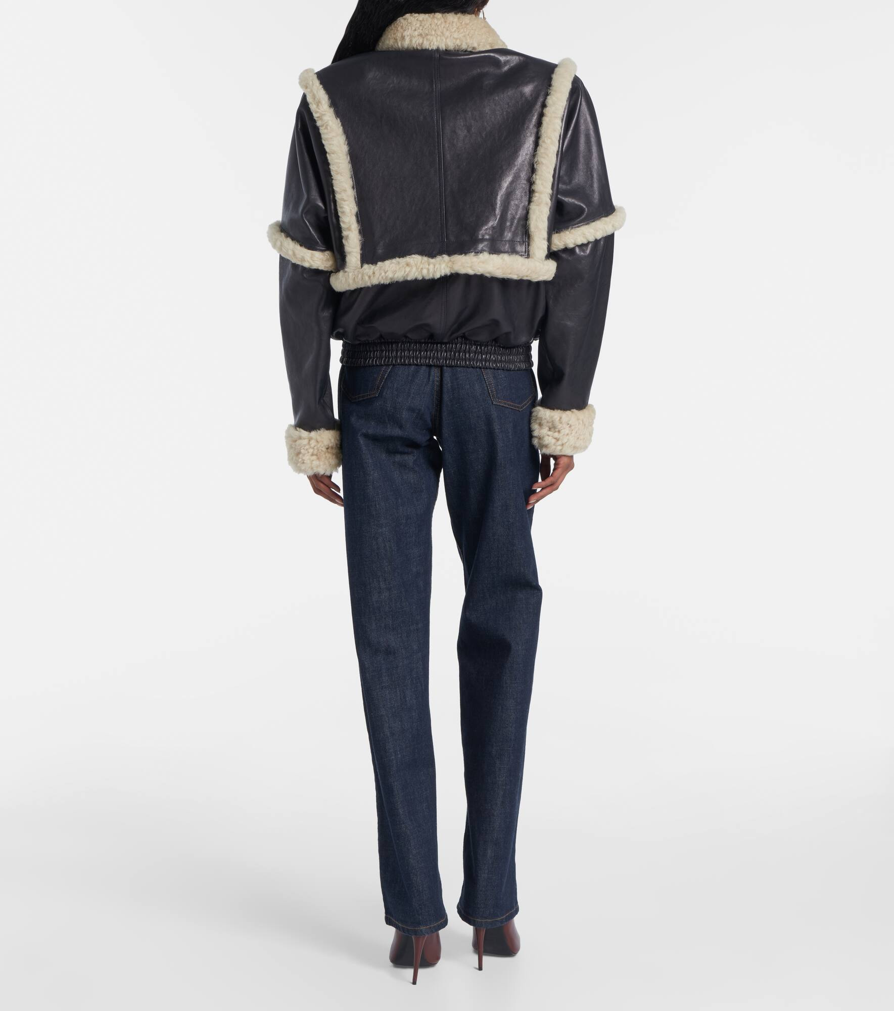 Shearling-trimmed leather bomber jacket - 3