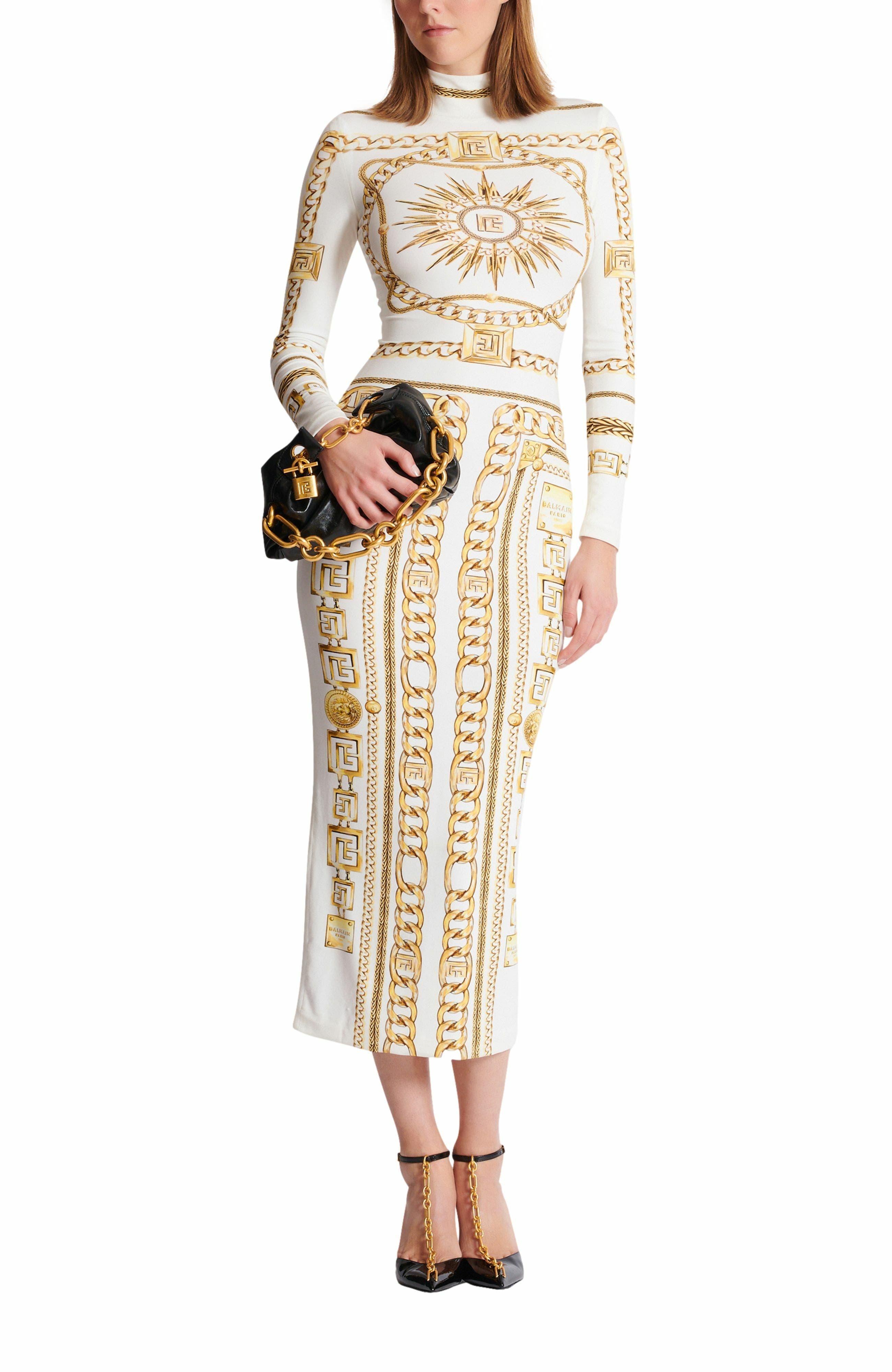 Long printed bodycon dress with Balmain Foulard pattern in Gold at Nordstrom - 2
