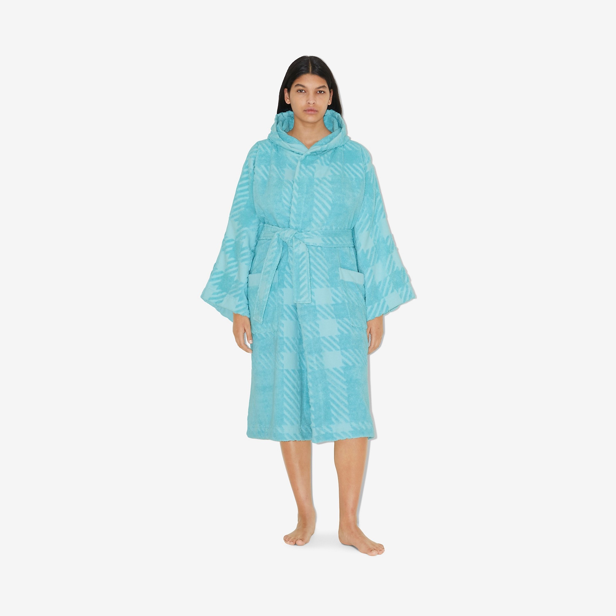 Check Cotton Jacquard Hooded Robe - 2