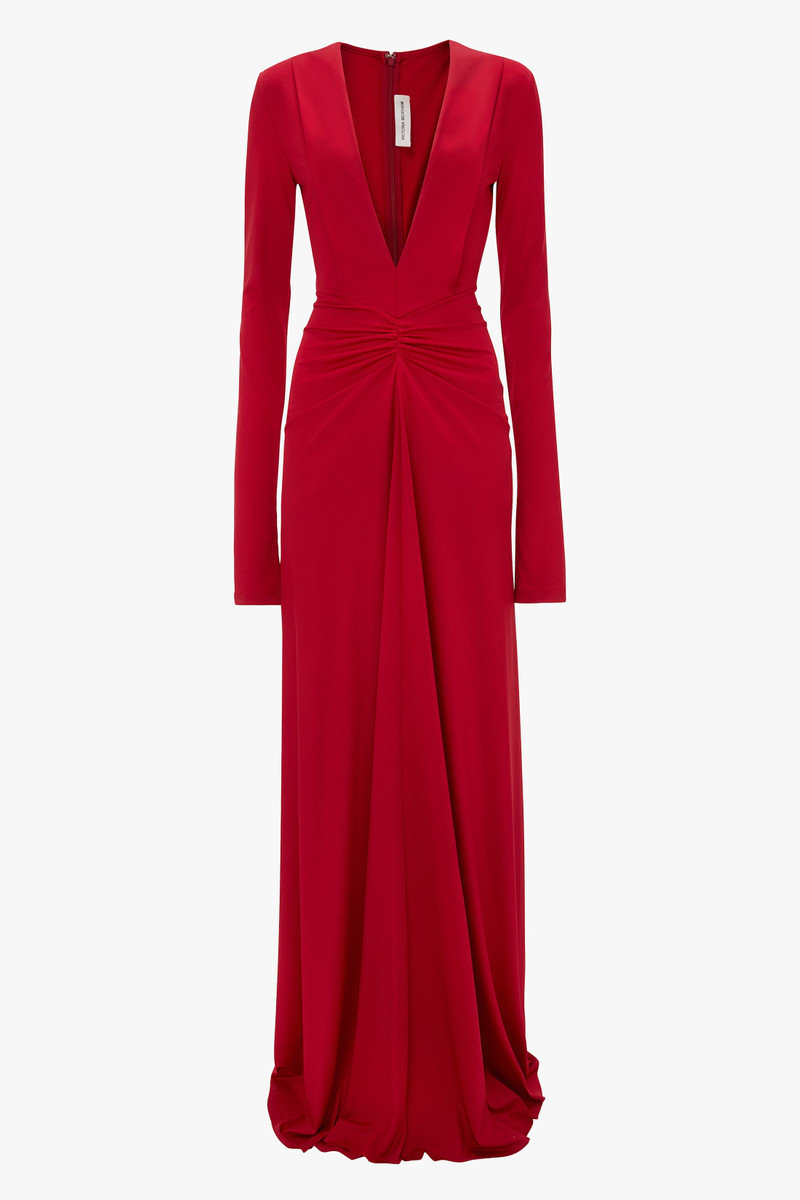 Long Sleeve Deep V-Neck Gown In Rose 1