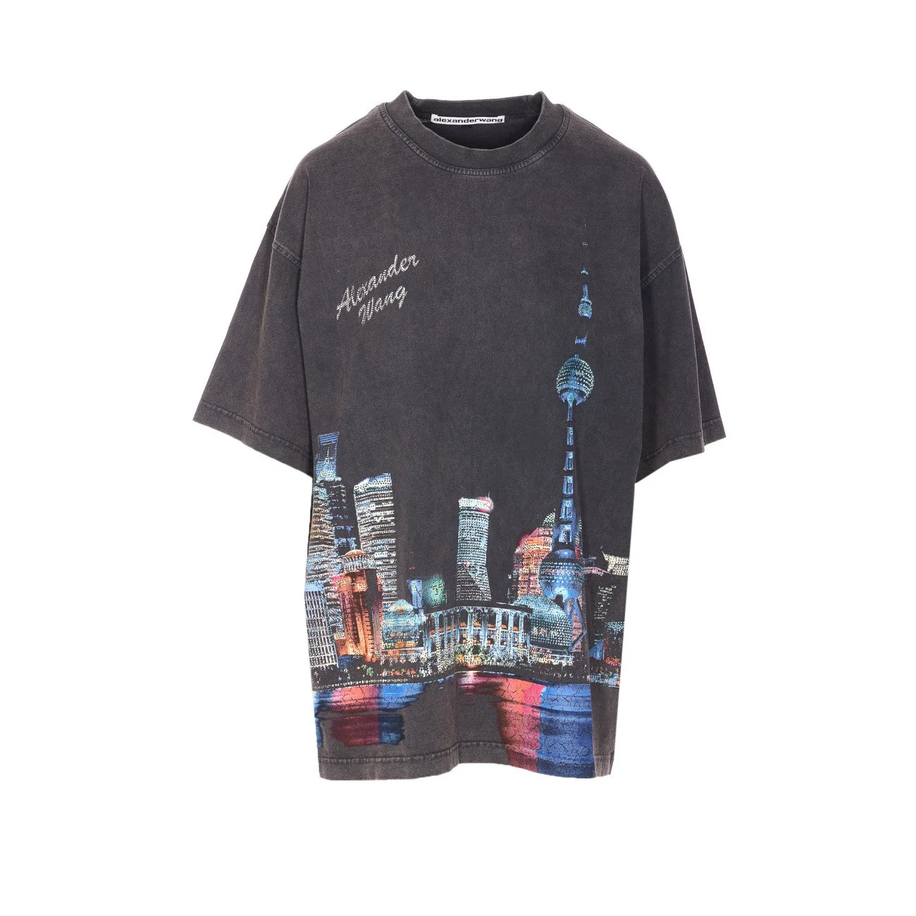 Alexander Wang Women T-Shirt With Thermo-Applied Rhinestones And Shanghai Skyline - 1
