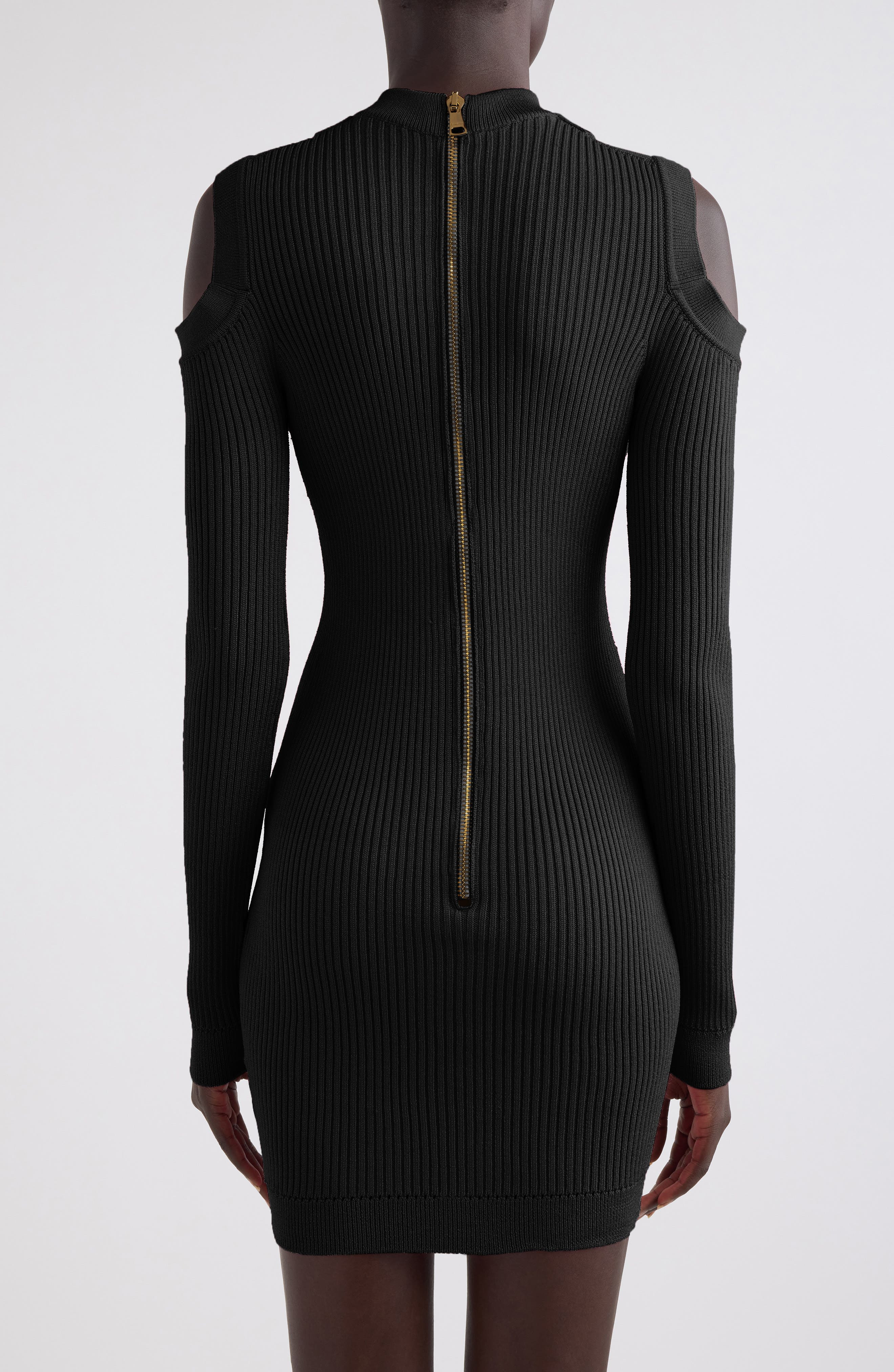 Balmain Shoulder Cutout Long Sleeve Rib Sweater Minidress in 0Pa Black at Nordstrom - 2