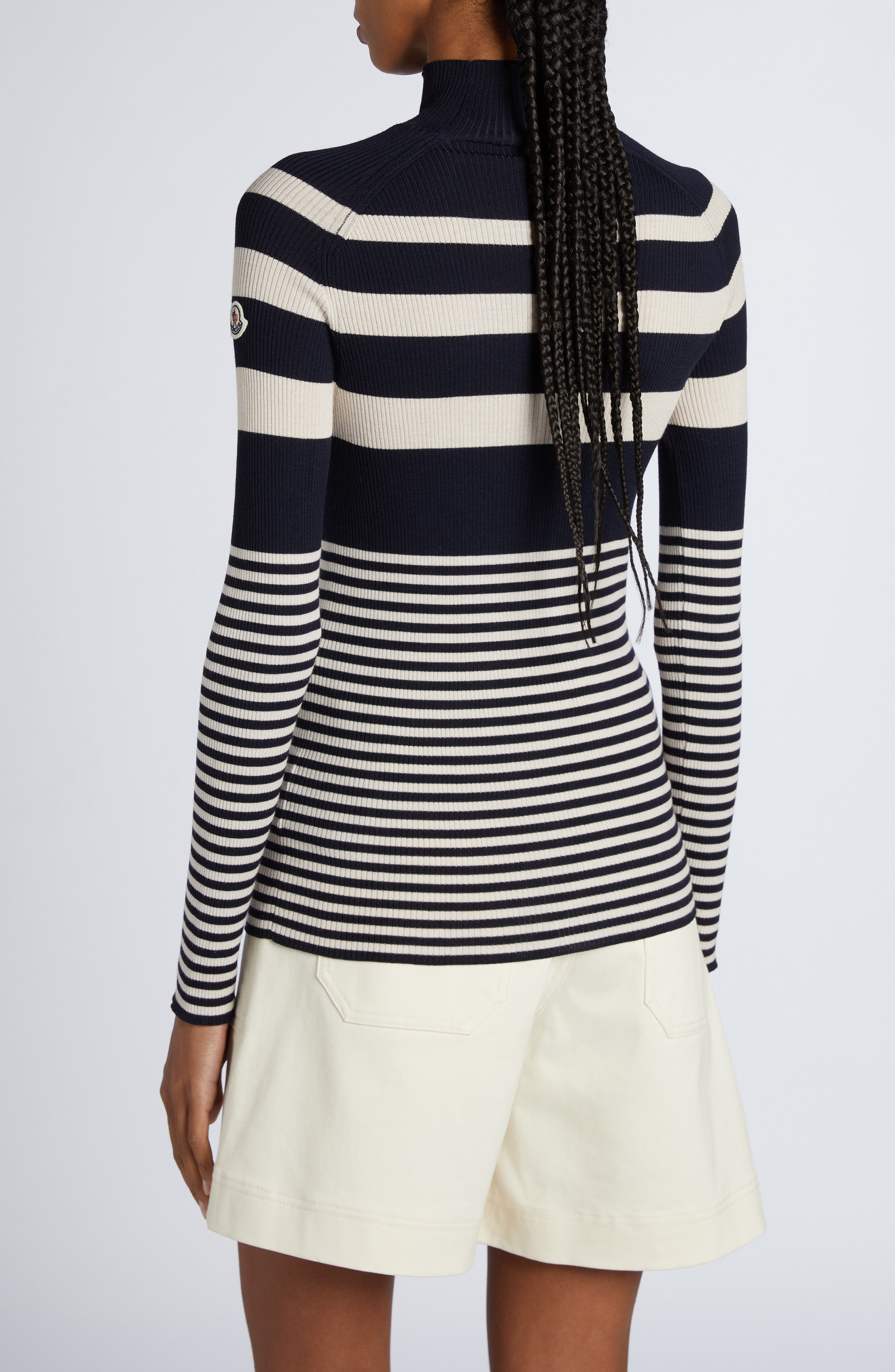 Moncler Stripe Virgin Wool Rib Mock Neck Sweater in White/Blue at Nordstrom - 2
