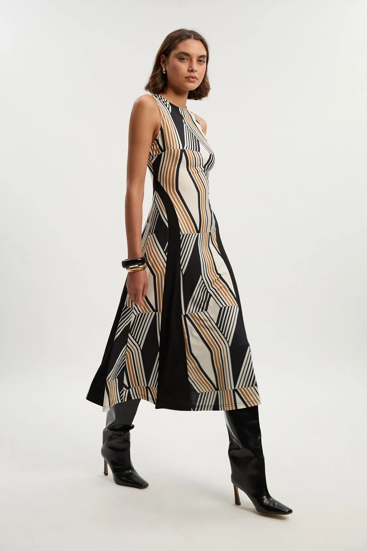 Geo Print Crepe Pleated Maxi Dress - 1