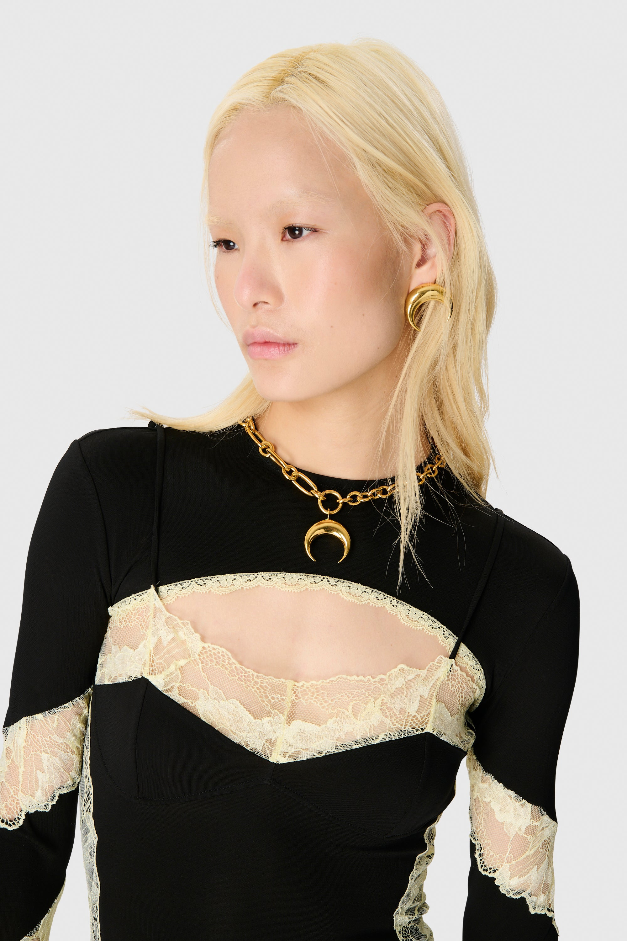DRAPED JERSEY & LACE LS LONG DRESS - 5