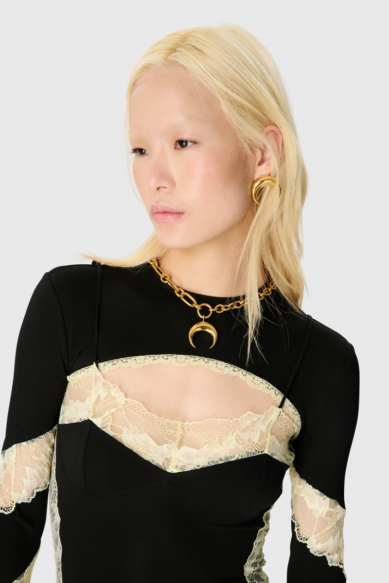 DRAPED JERSEY & LACE LS LONG DRESS 5