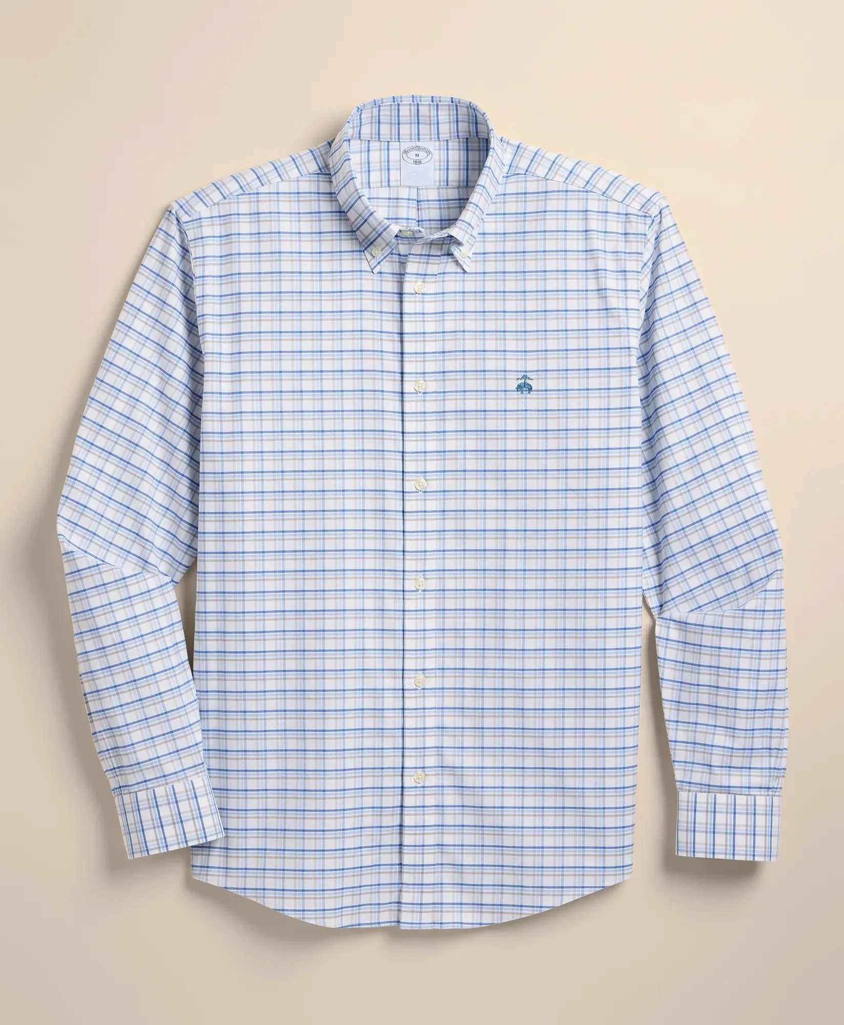 Stretch Non-Iron Cotton-Oxford Polo Button-Down, Check Sport Shirt - 1