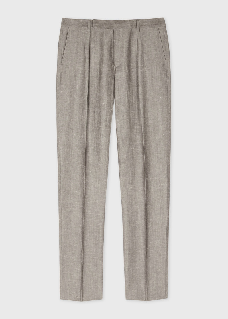 Tapered-Fit Light Brown Linen-Wool Pleated Trousers 1