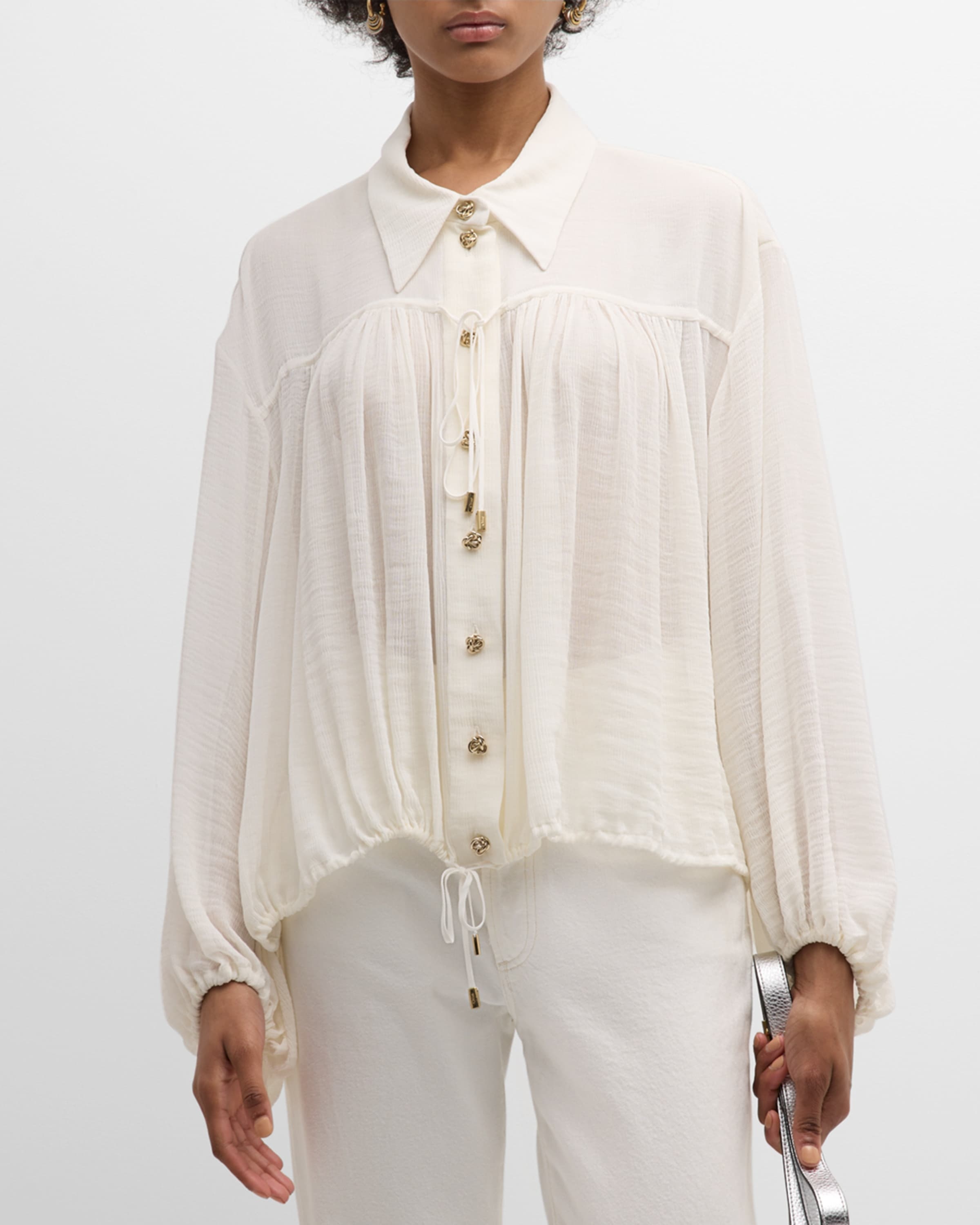 x High Summer Cotton Silk Button-Front Blouson Top - 2