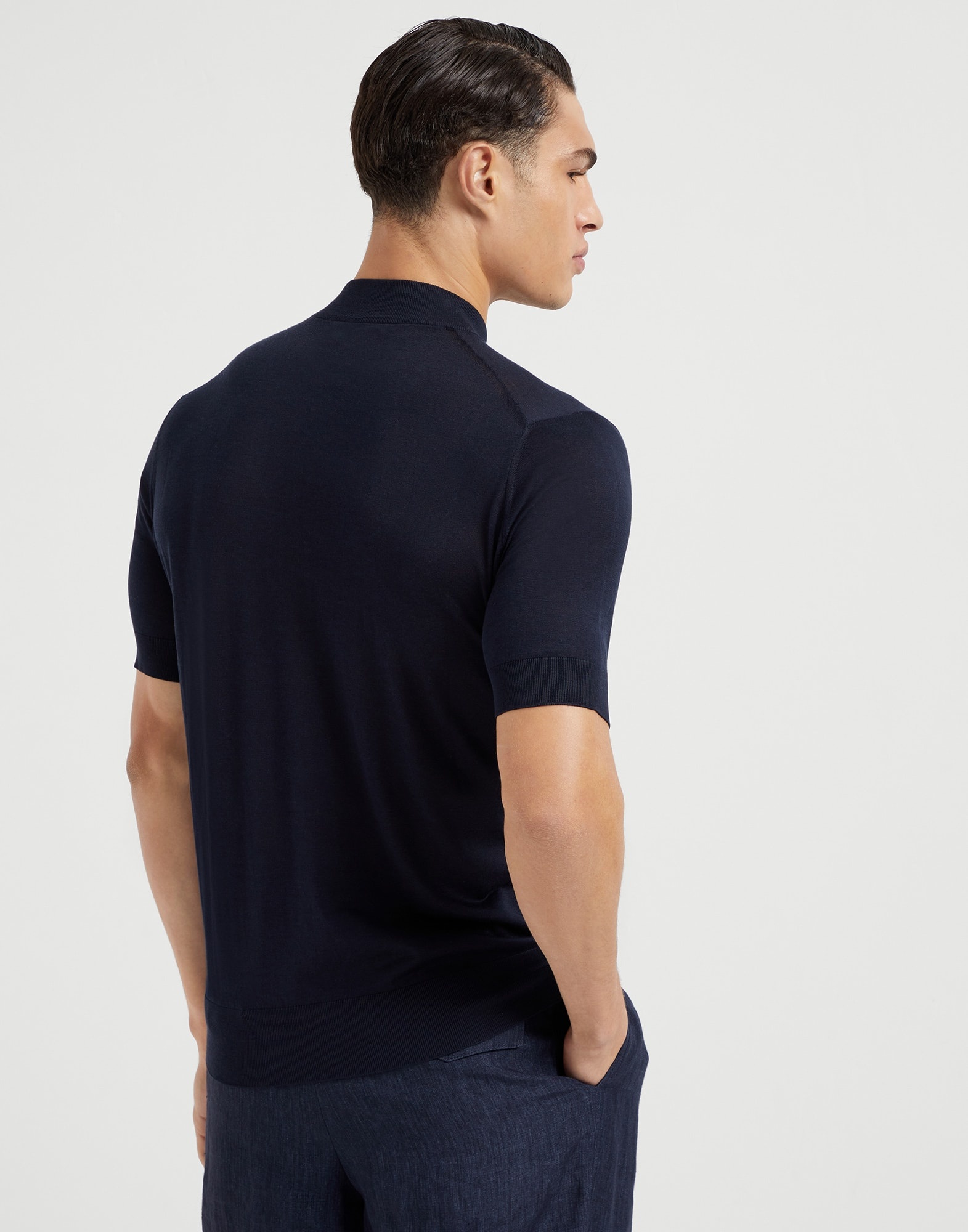 Extra-light silk and cotton knit T-shirt with mock neck - 2