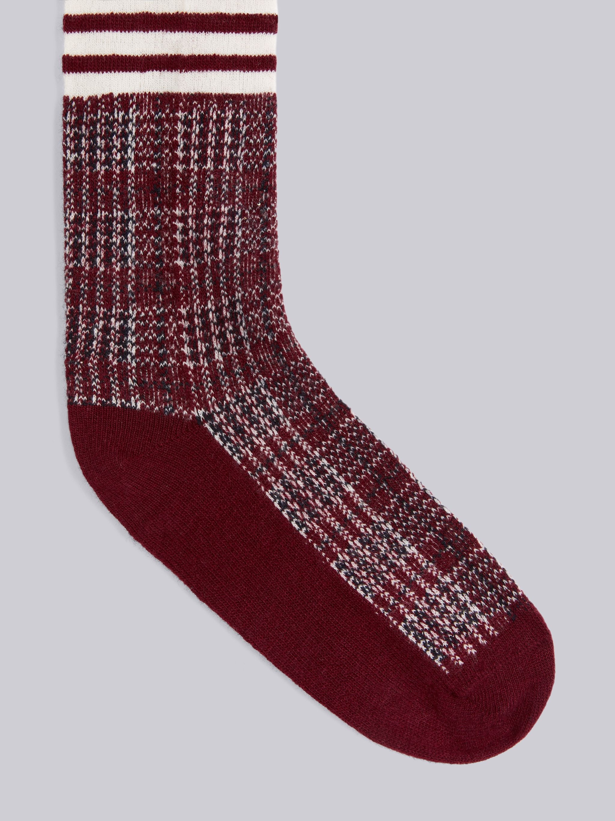 Dark Red Grid Windowpane Check Baby Merino Jacquard 4-Bar Stripe Over-the-calf Socks - 2