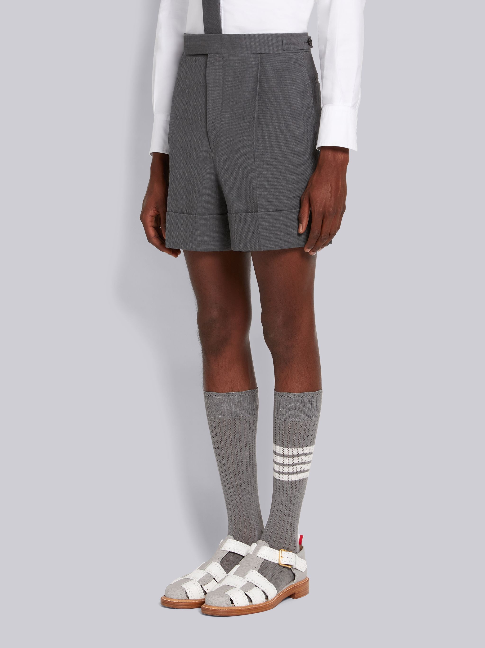 Medium Grey Wool Pique Suiting Single Pleat Shorts - 2