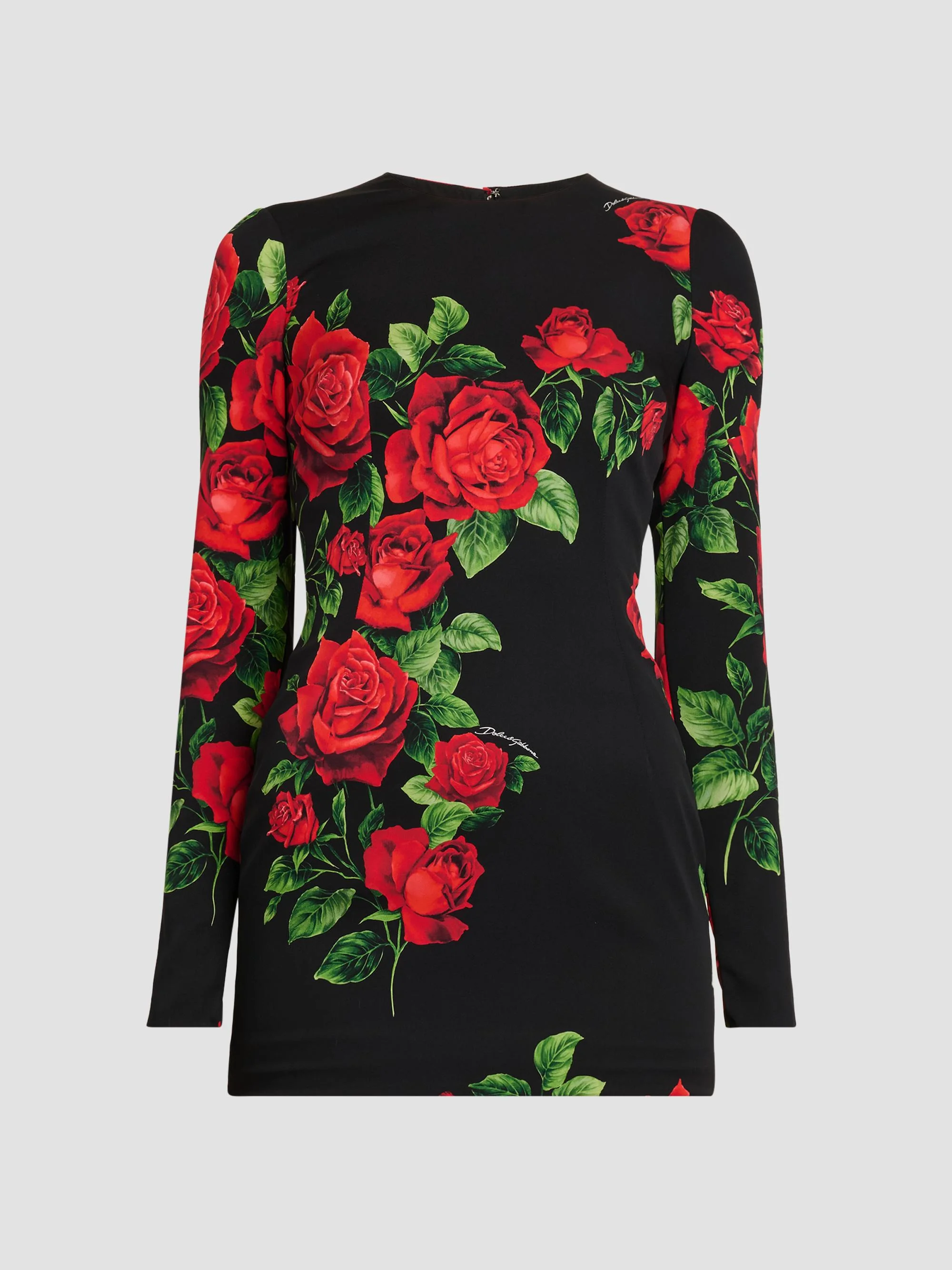 Women's Floral Stretch-Silk Crewneck Minidress - Rose Rosse Nero - 1