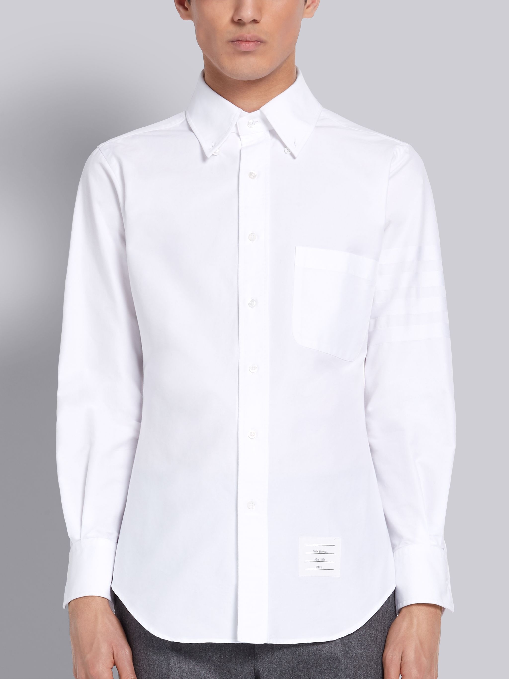 White Cotton Oxford Long Sleeve Satin Weave 4-Bar Shirt - 3