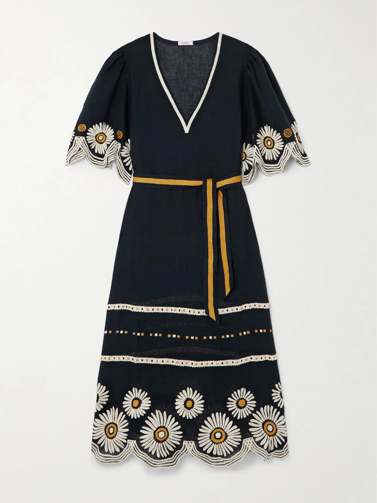 Hortense Belted Scalloped Embroidered Linen Midi Dress - 1