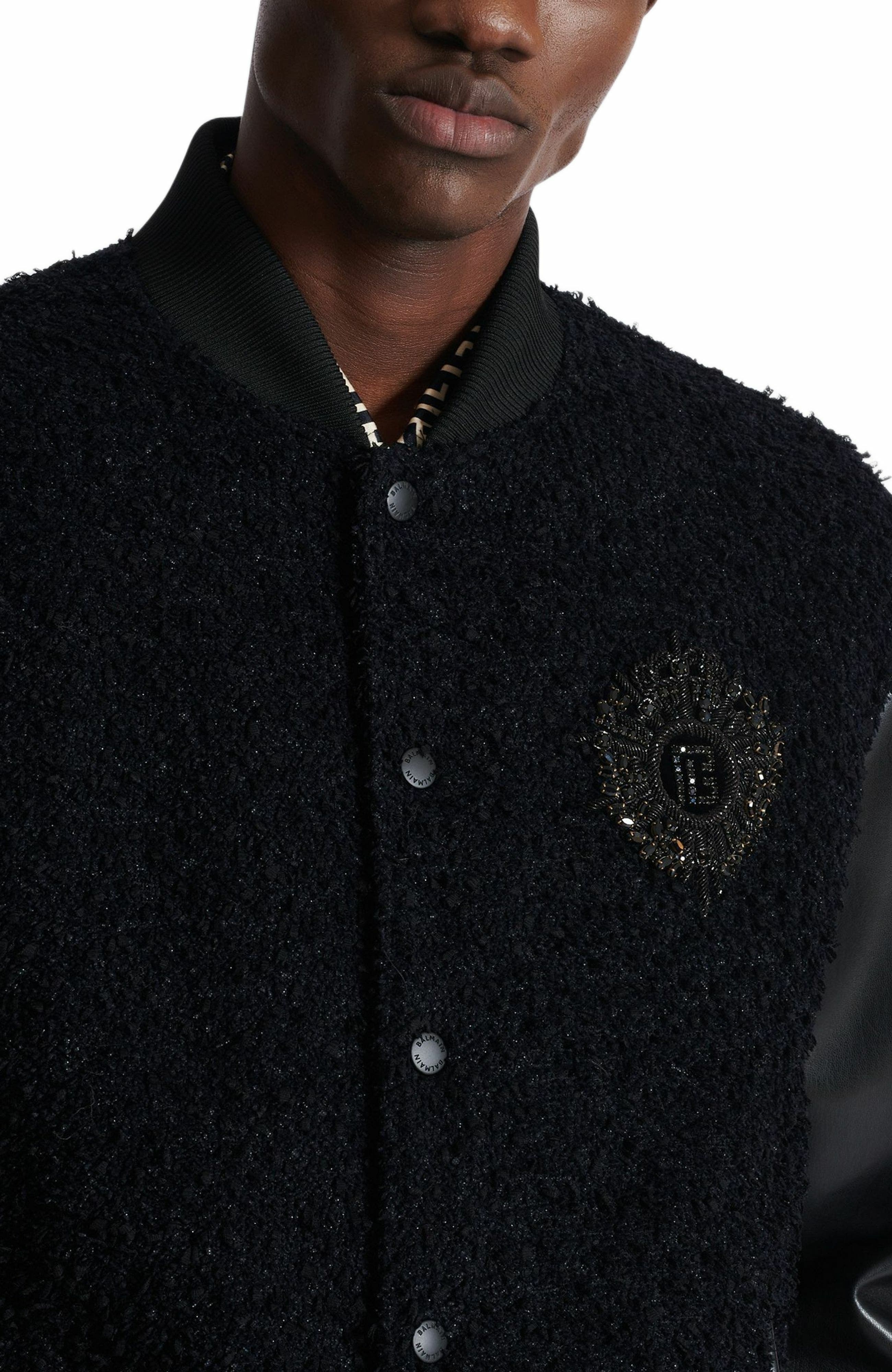 Balmain Varsity tweed and faux leather jacket in Black at Nordstrom - 6