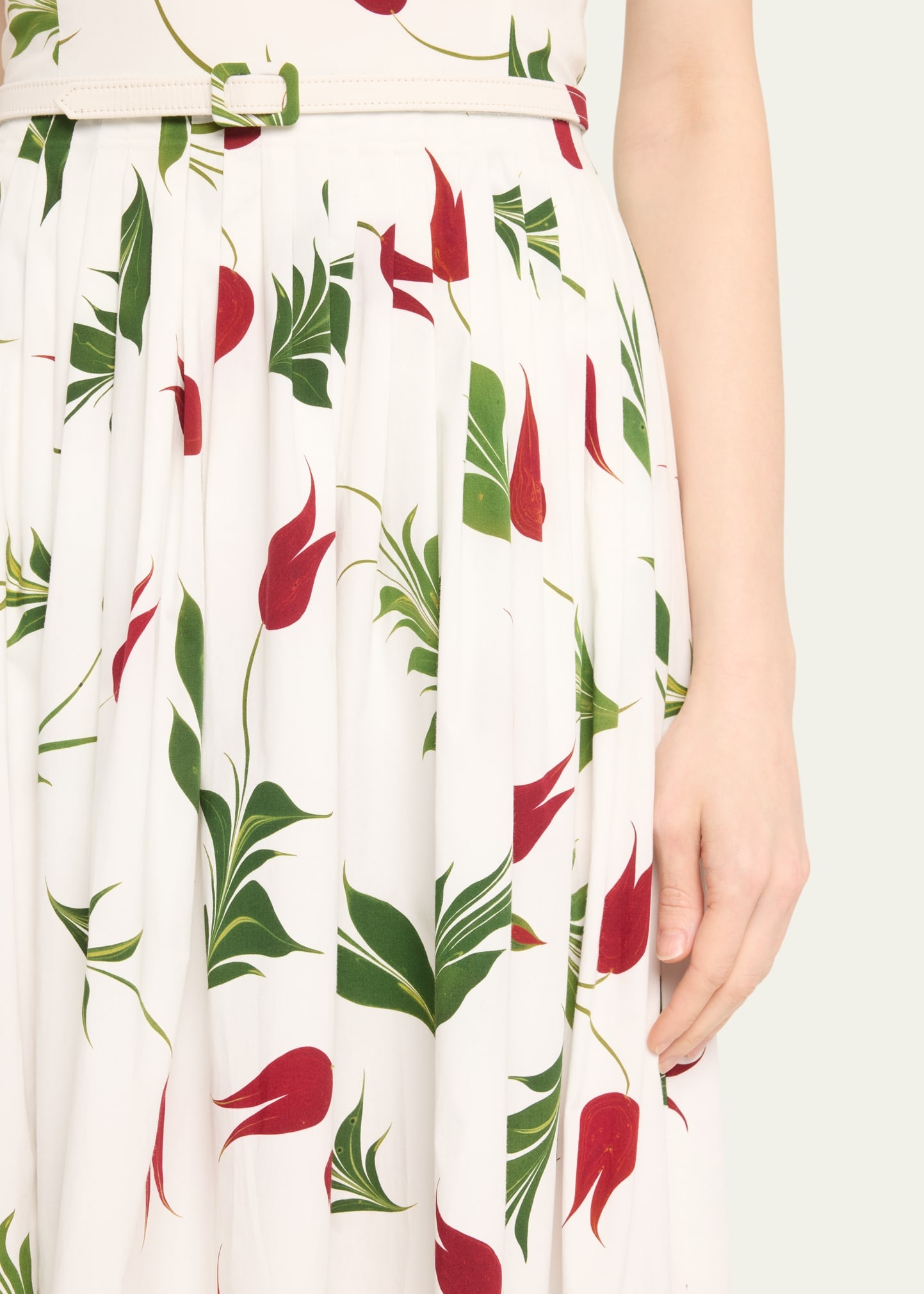 Marbled Tulips Cotton Poplin Square-Neck Sleeveless Midi Dress With Self-Belt - 5