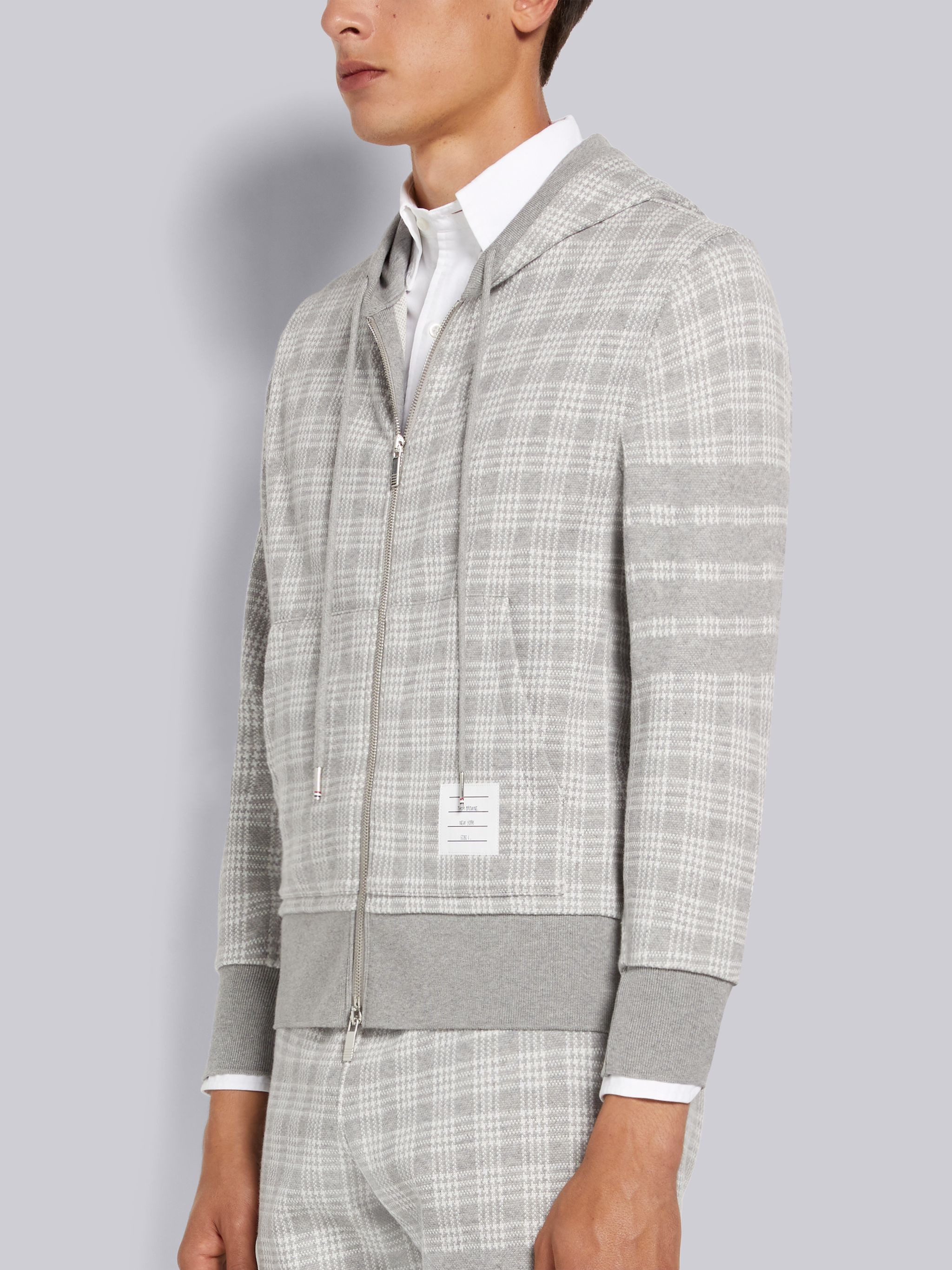 Light Grey Micro Check Jacquard 4-Bar Zip up Hoodie - 2