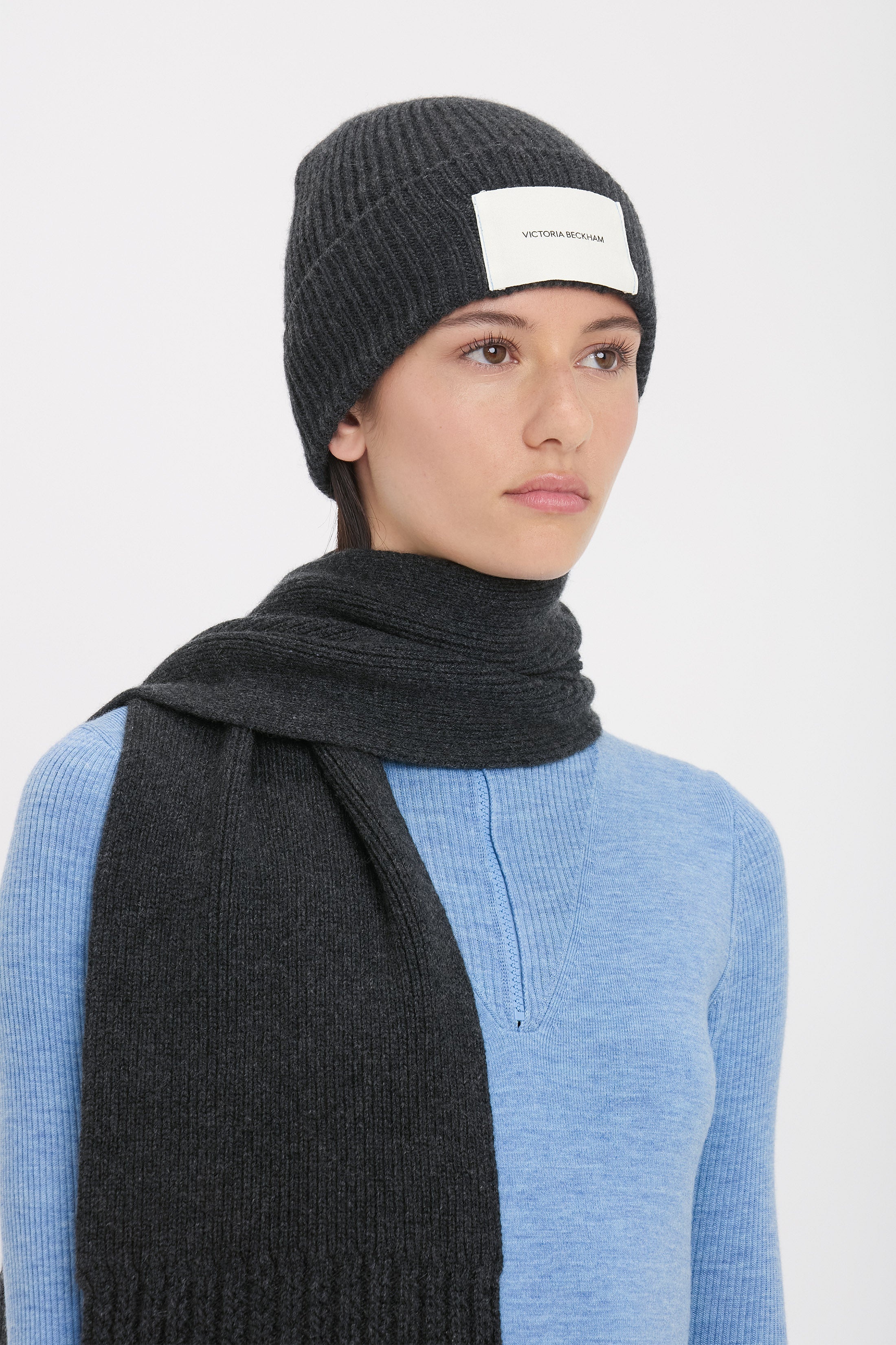 Logo Patch Beanie In Charcoal-Light Blue - 4