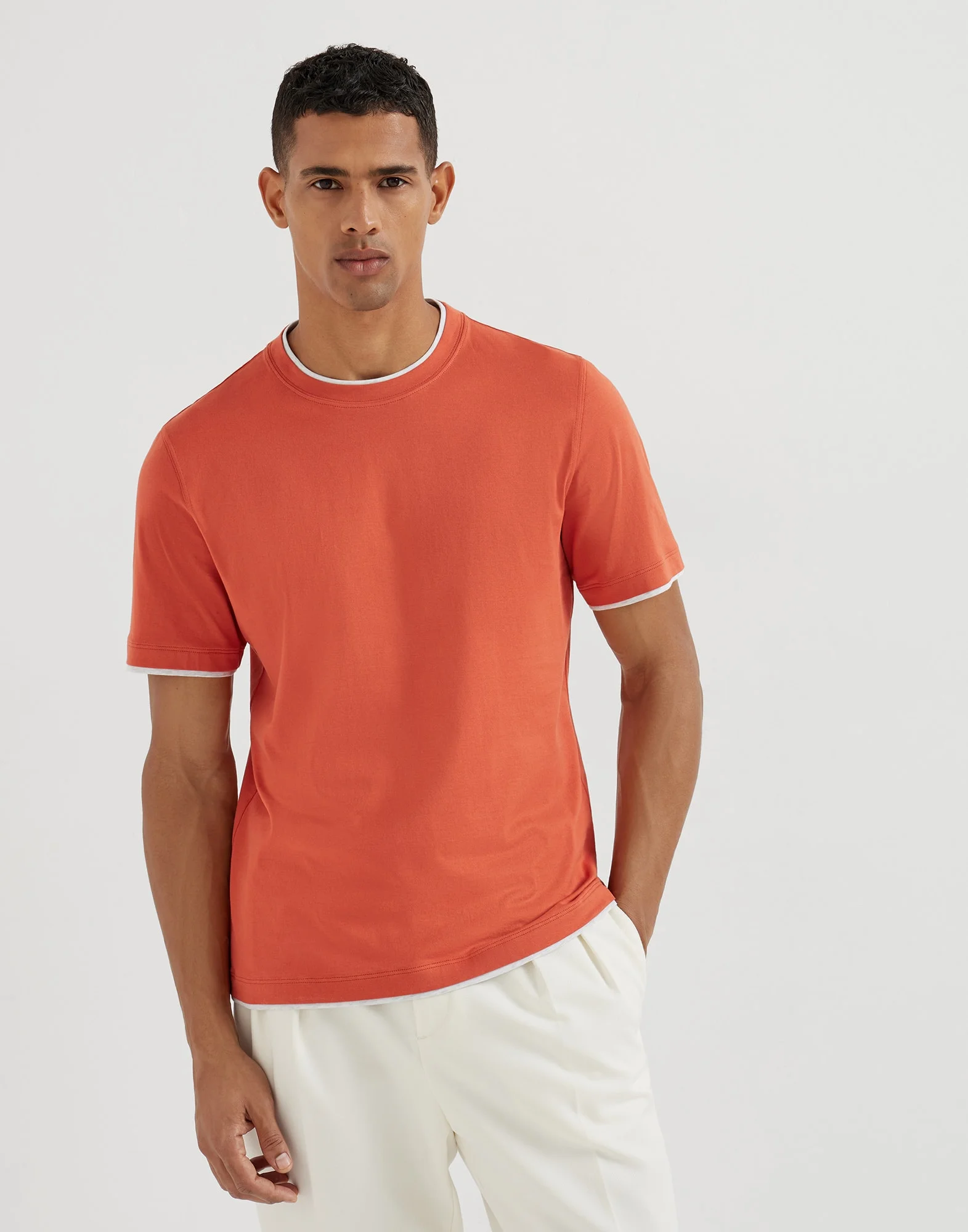 Cotton jersey crew neck T-shirt with faux-layering - 1