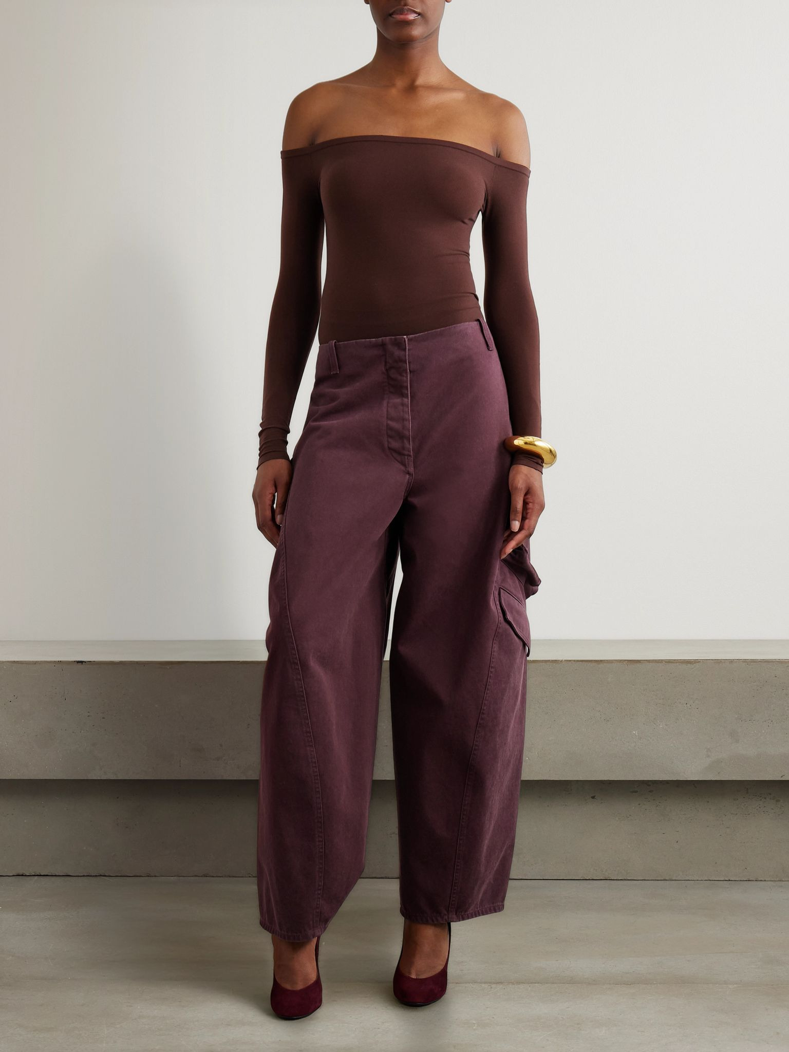 Cotton-twill barrel-leg cargo pants Burgundy - 2