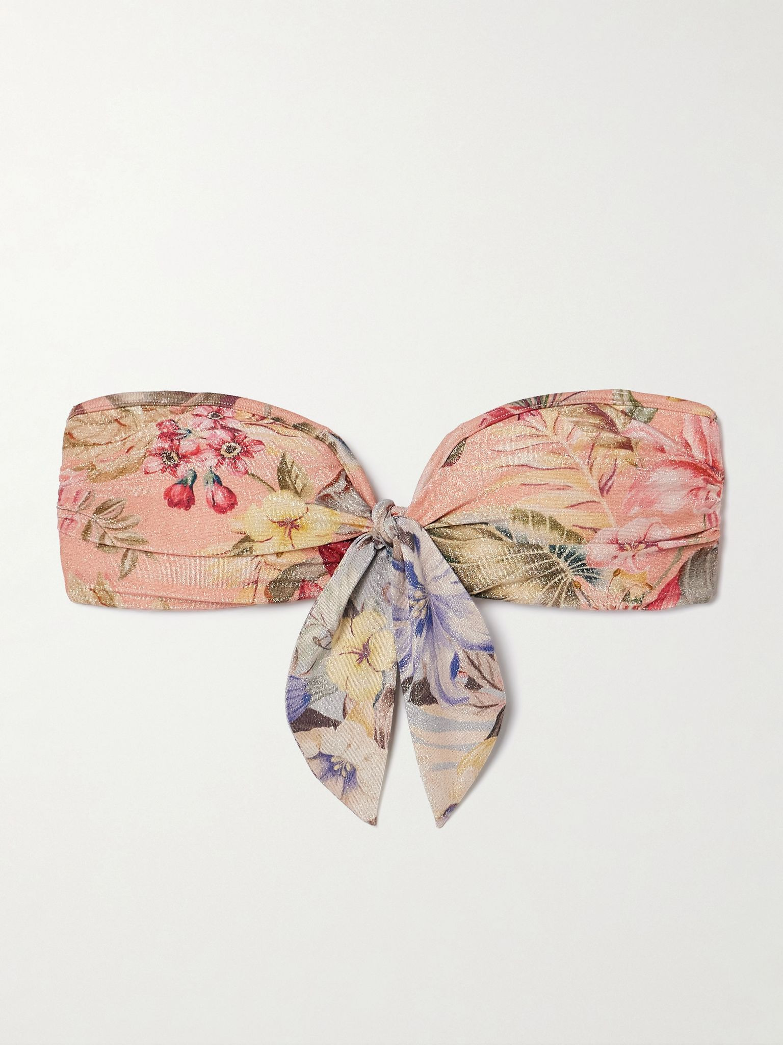 Coco tie-detailed floral-print metallic bandeau bikini top Pink - 1