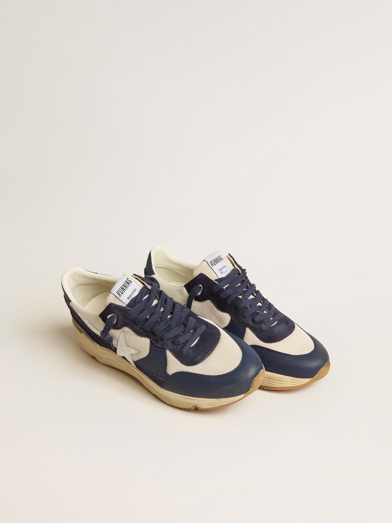 Golden Goose Running Sole in cream mesh and blue leather with a white leather star outlook