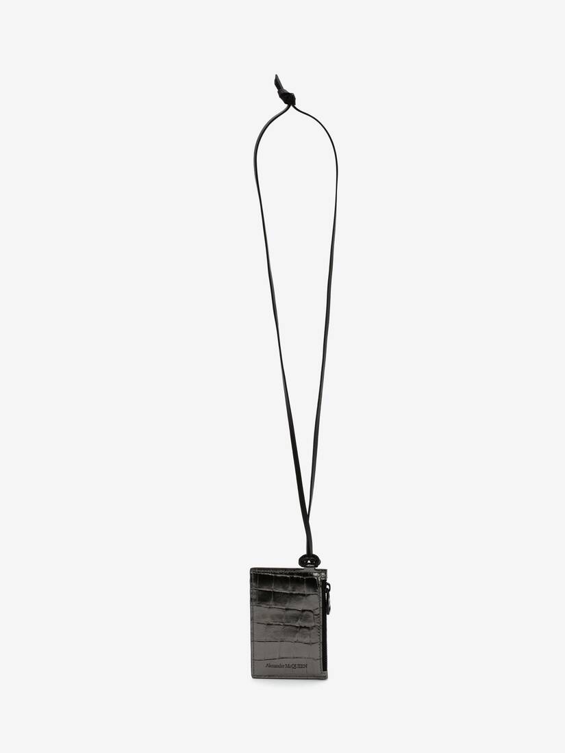 Embossed Croc Card Holder With Strap in Graphite - 1