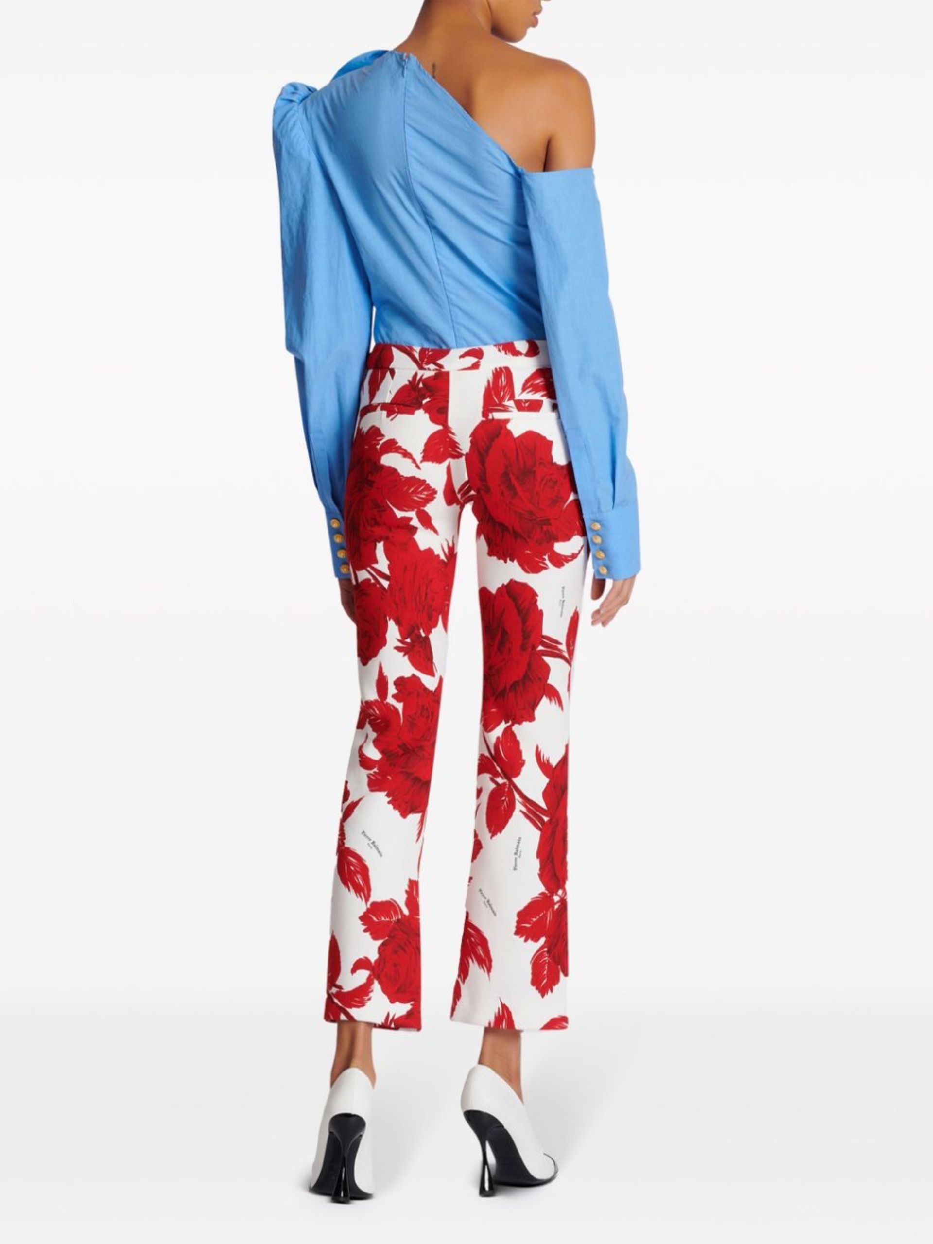 Red Floral-Print Flared Trousers - 5