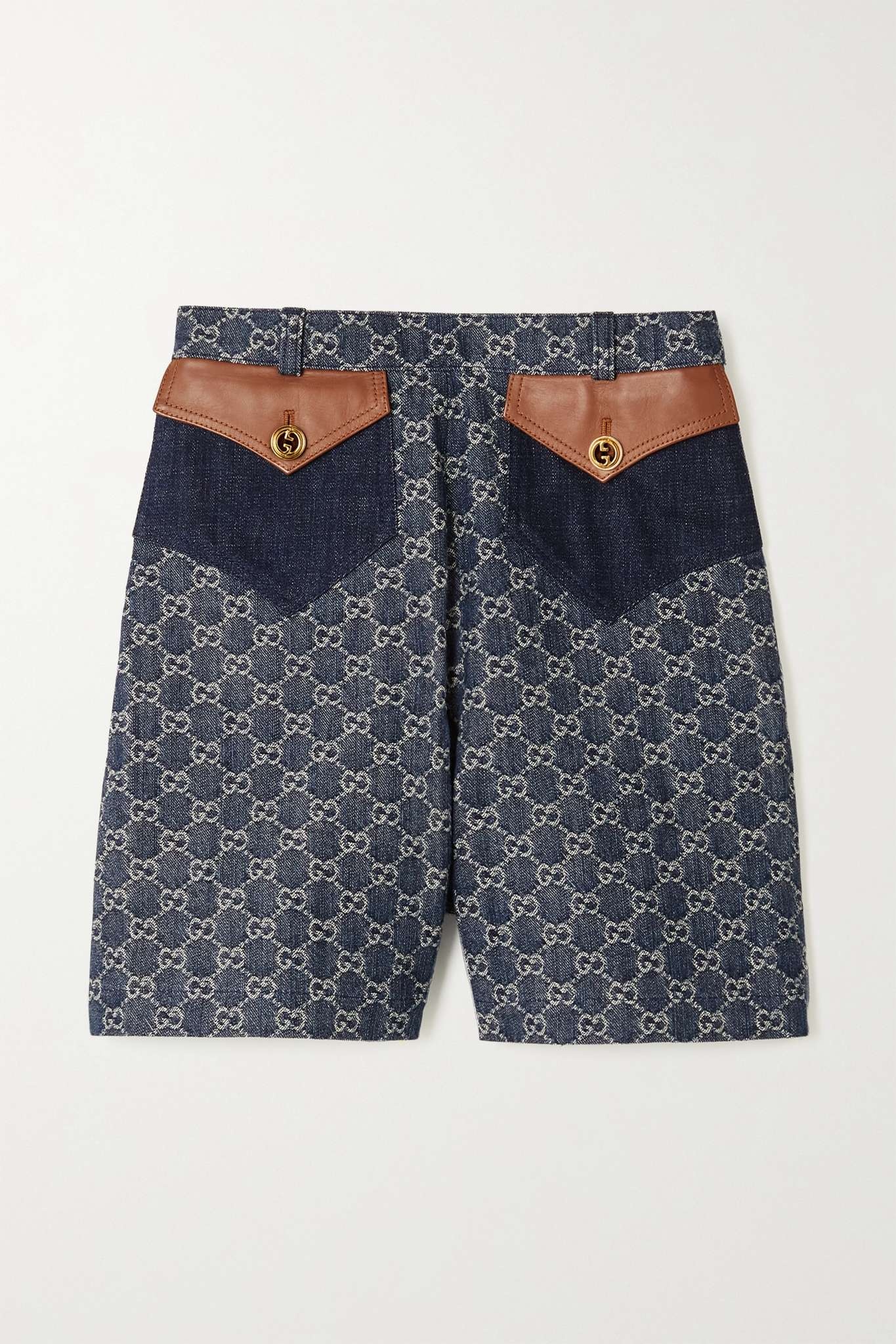 + NET SUSTAIN leather-trimmed organic denim-jacquard shorts - 1