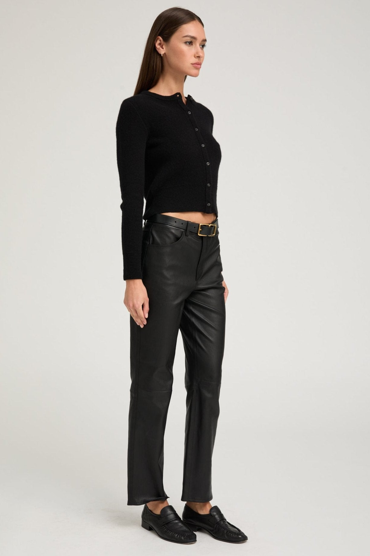 BLACK LEATHER 5 POCKET ANKLE SLIM STRAIGHT - 6