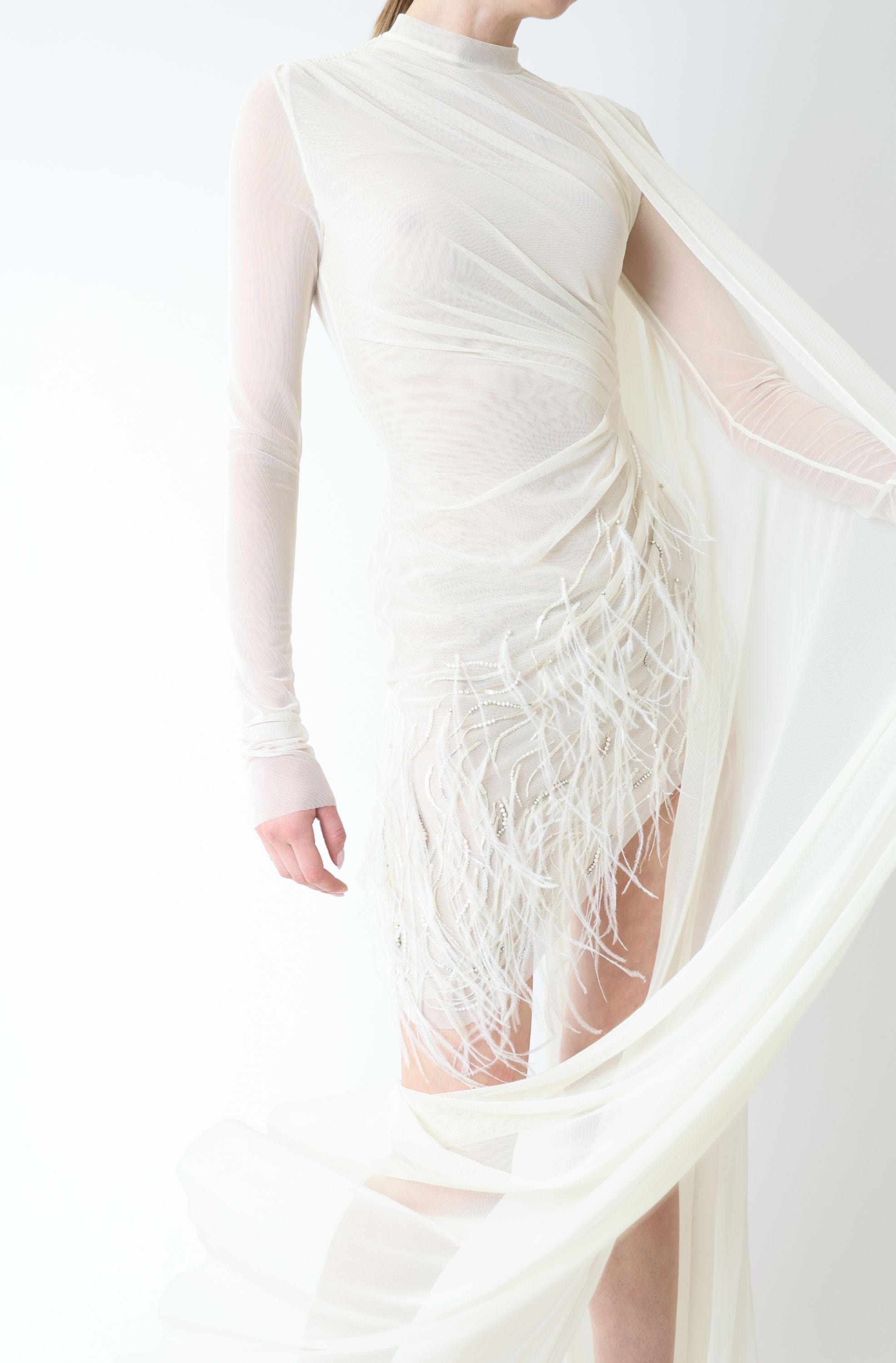 Mesh High Neck Cape Dress With Feathers - 4
