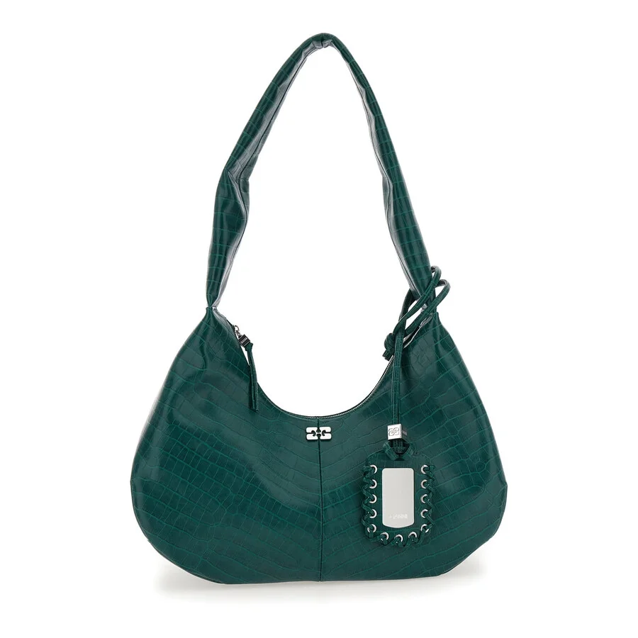 Ganni Medium Bou Green Shoulder Bag With Crocodile Leather Effect And Logo Plaque In Leather - 1