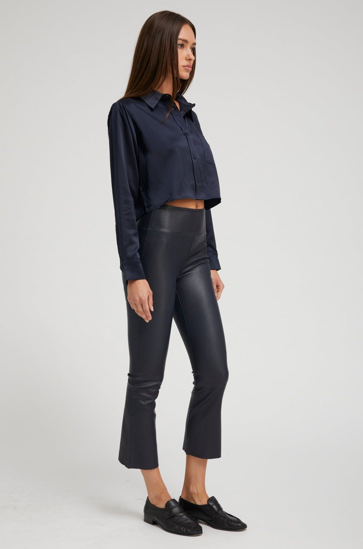 NAVY SILK CROPPED BUTTON DOWN - 3