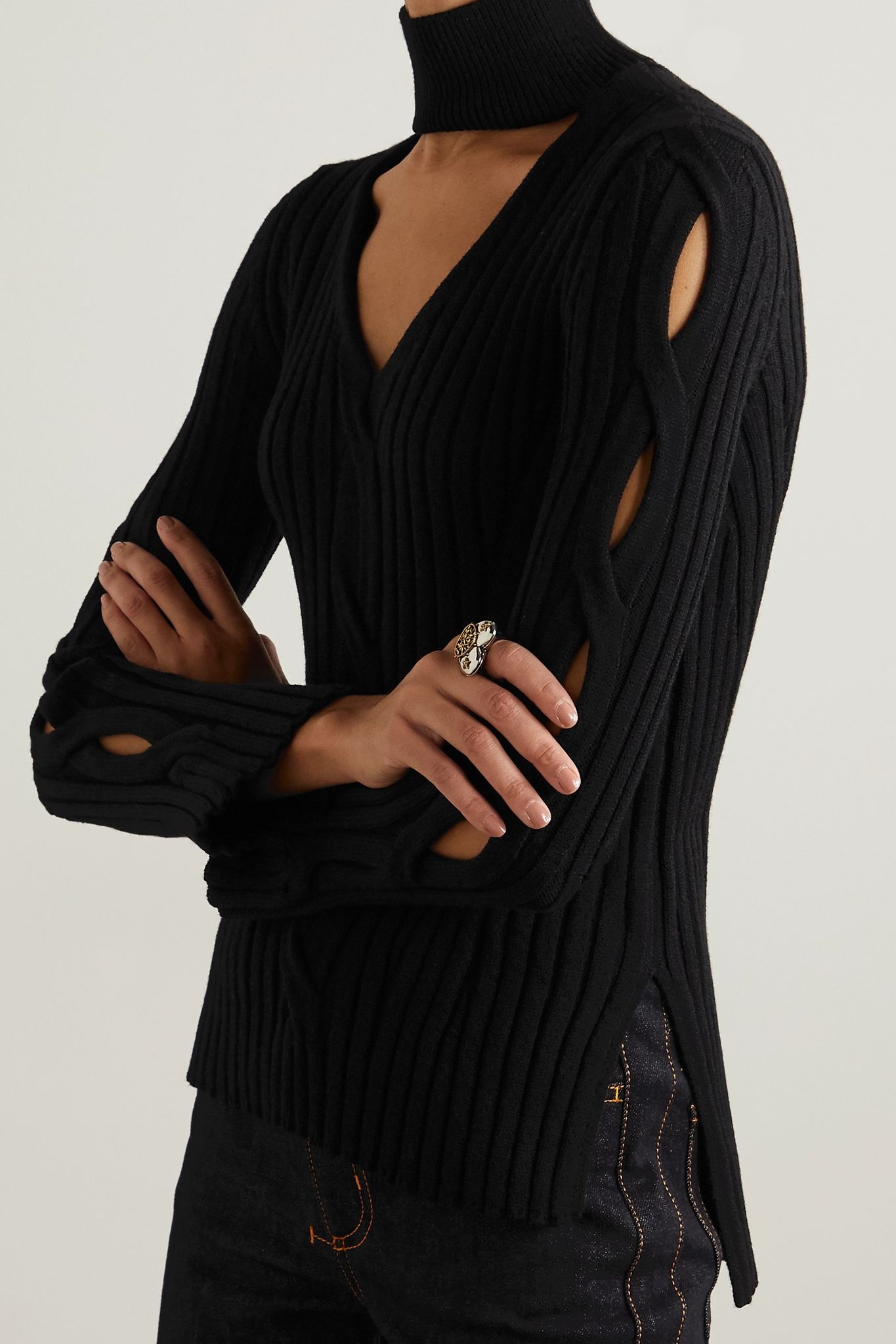 Cutout cable-knit wool-blend turtleneck sweater - 3