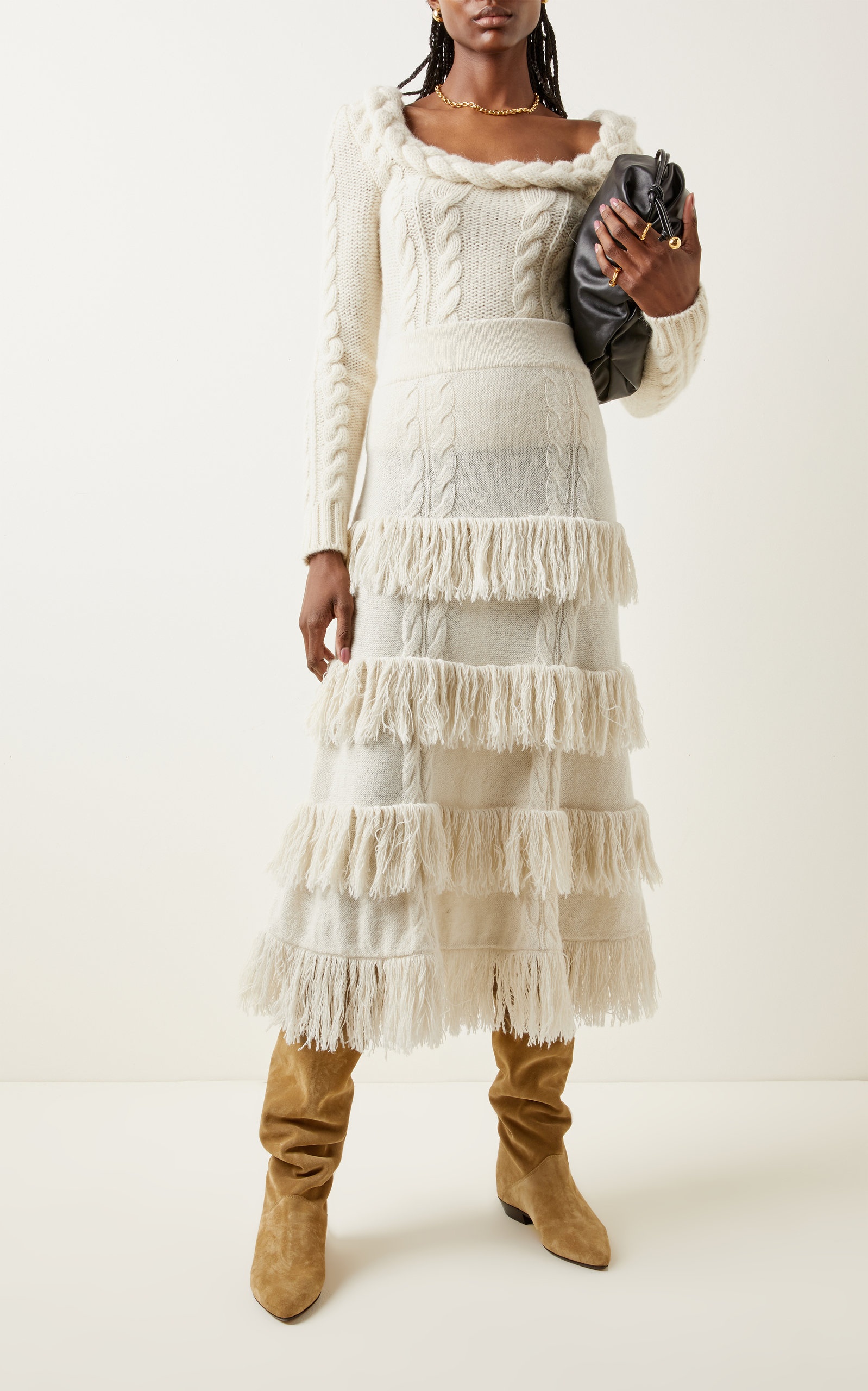 No Doubts Fringed-Trim Alpaca Midi Skirt white - 2