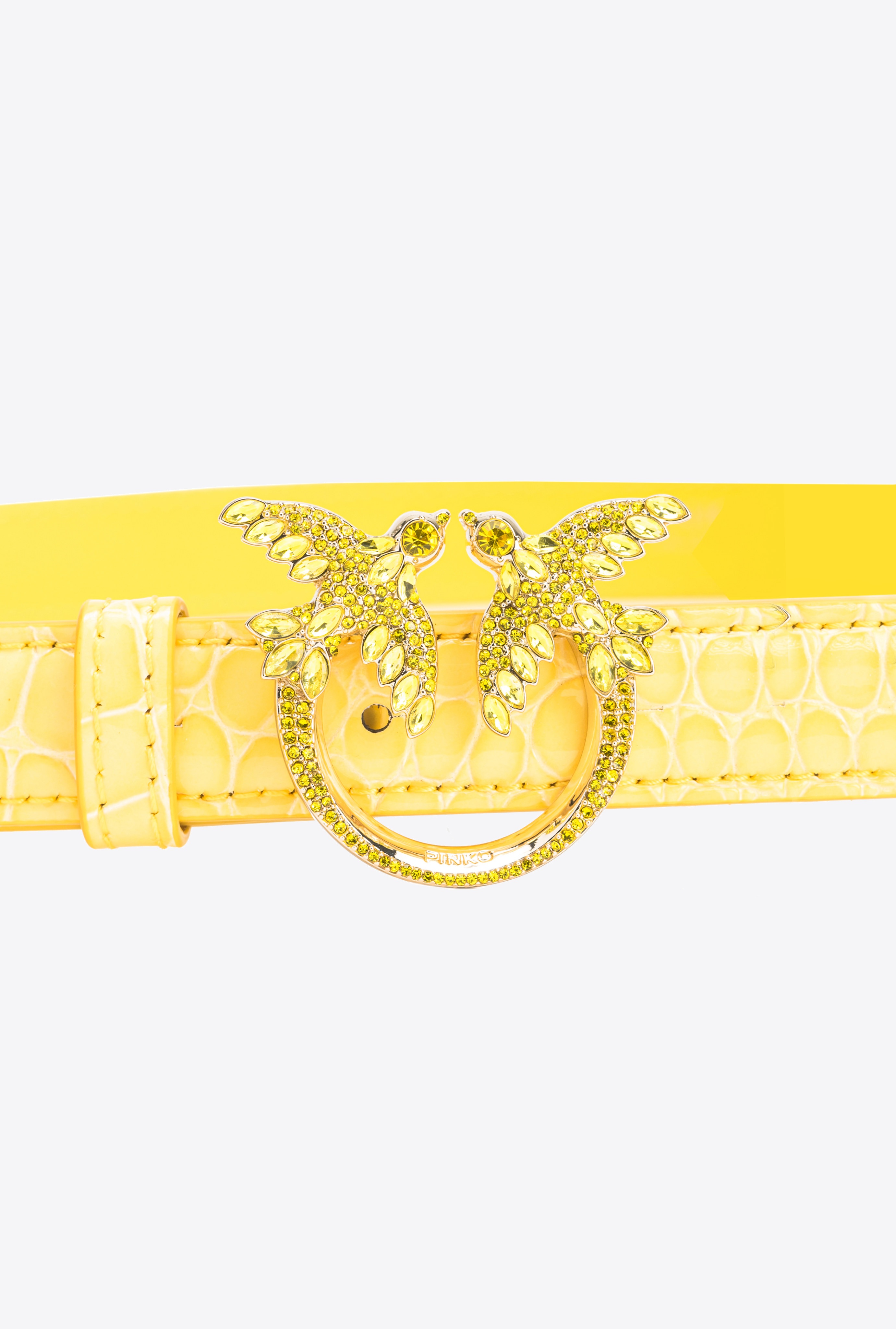PINKO GALLERIA THIN 2CM SHINY COLOURED CROC-PRINT BELT WITH LOVE BIRDS BUCKLE - 2